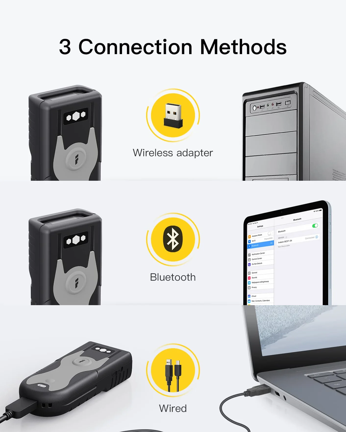 Inateck Lector Codigo Barras 1D CCD Bluetooth, Inalambrico con Adaptador USB de 2.4Ghz, Lectura en Pantalla, Accesos Rápidos Exclusivos, BCST-43