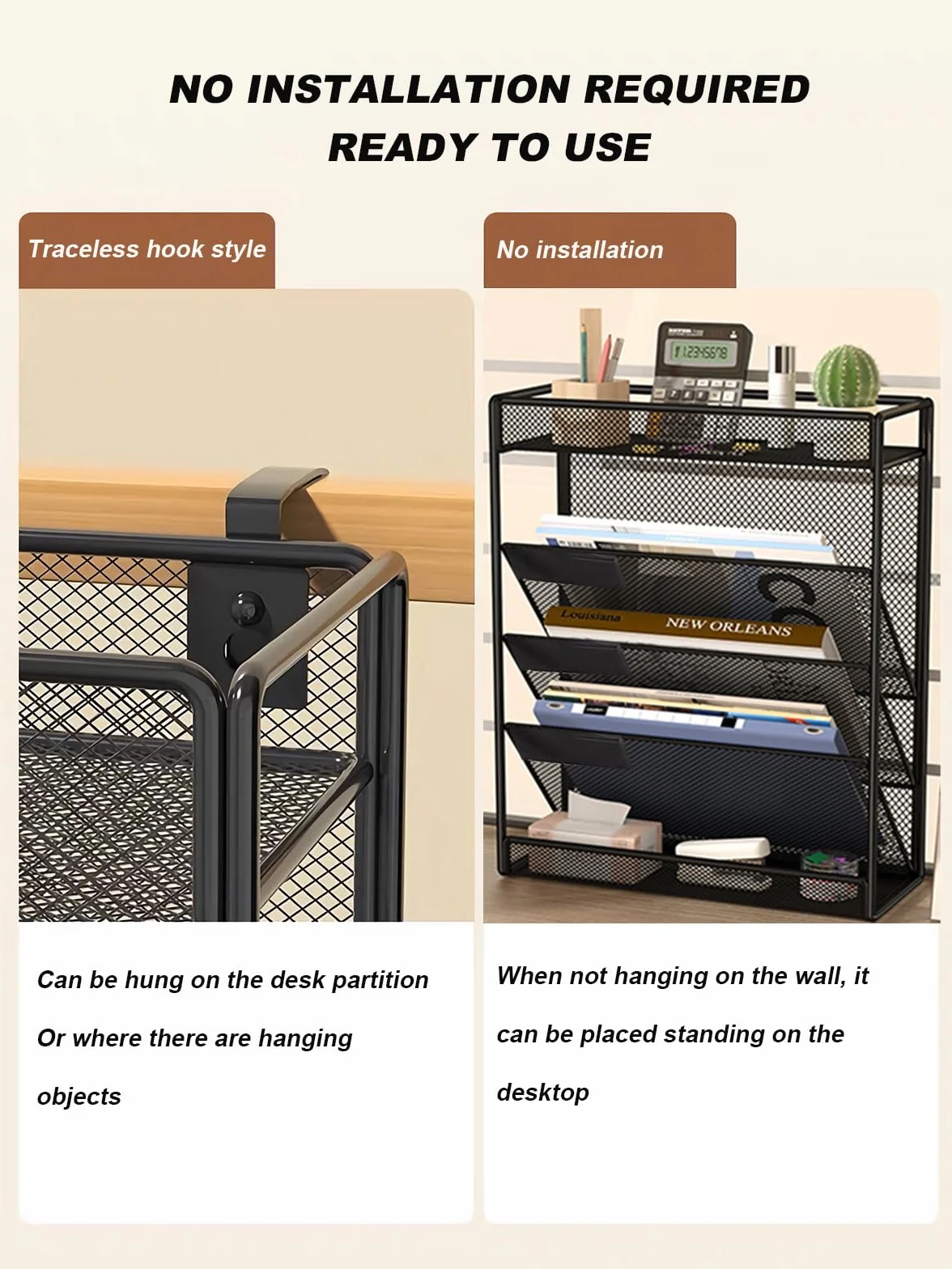 Organizador de archivos de pared de malla de 5 niveles, organizador colgante vertical de 3 bolsillos con bandeja superior/inferior | 2 ganchos | Montaje en pared y colgante de puerta para oficina y