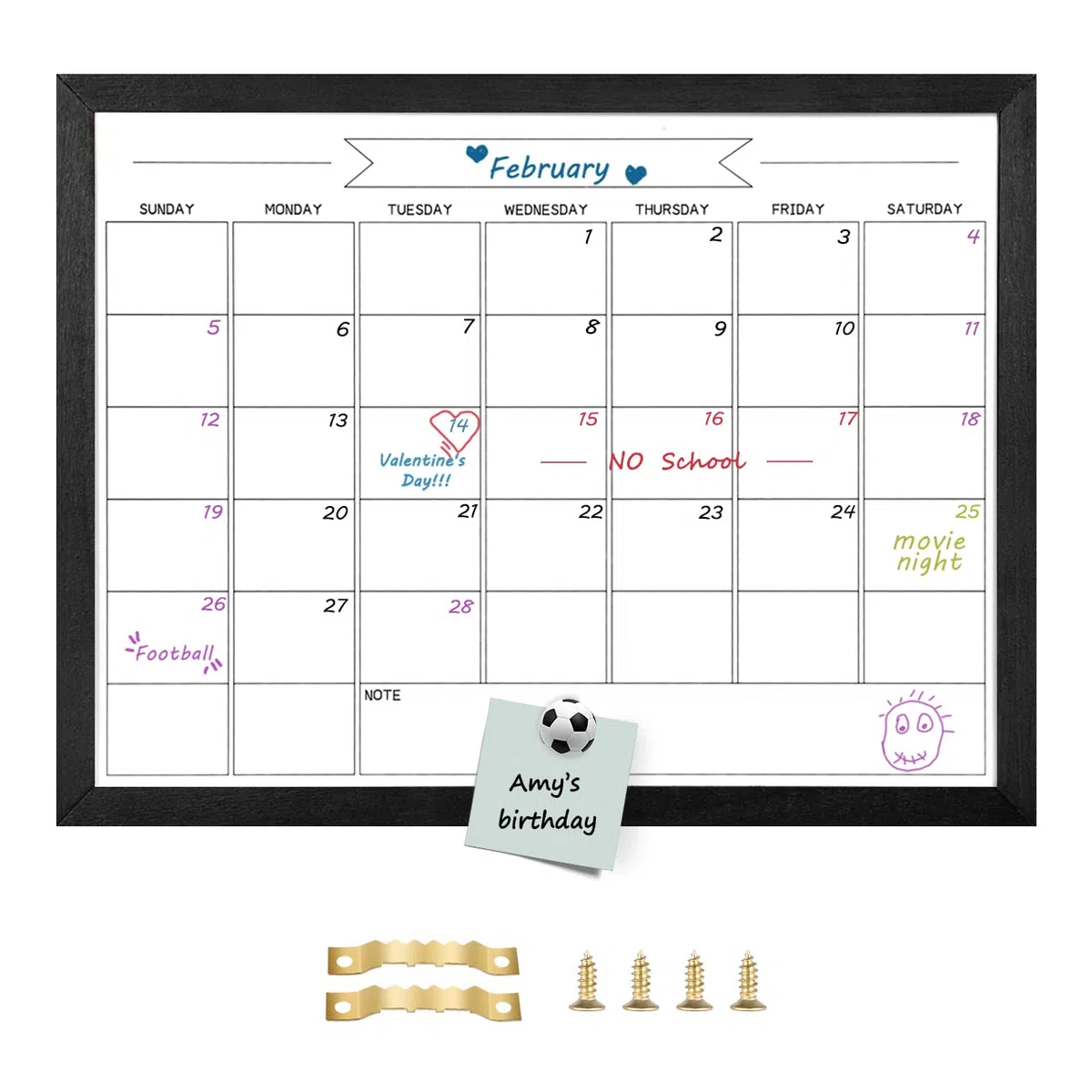 TORASO Pizarra blanca de borrado en seco y calendario mensual, pizarra blanca magnética para pared, pizarra colgante para oficina, escuela en casa, tablero de mensajes enmarcado negro de madera