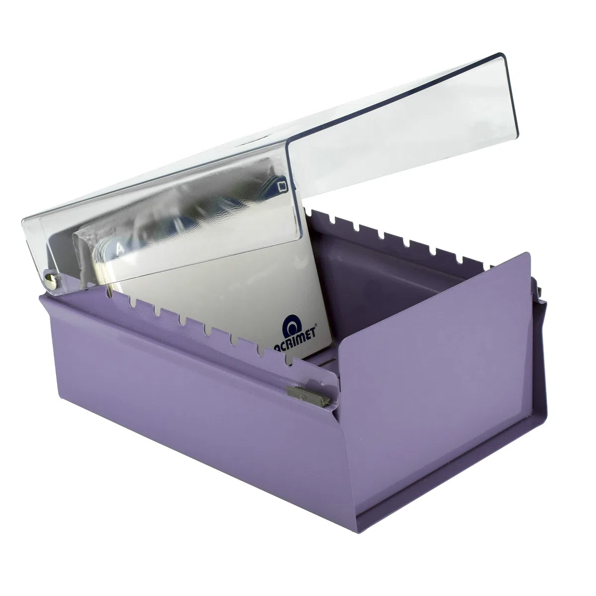 Acrimet Porta Tarjeta 4"x 6", Organizador de Fichas, Base de Metal Resistente (Incluye Índice AZ y un Divisor de Plastico) (Base Morado y Tapa de Plástico Transparente)