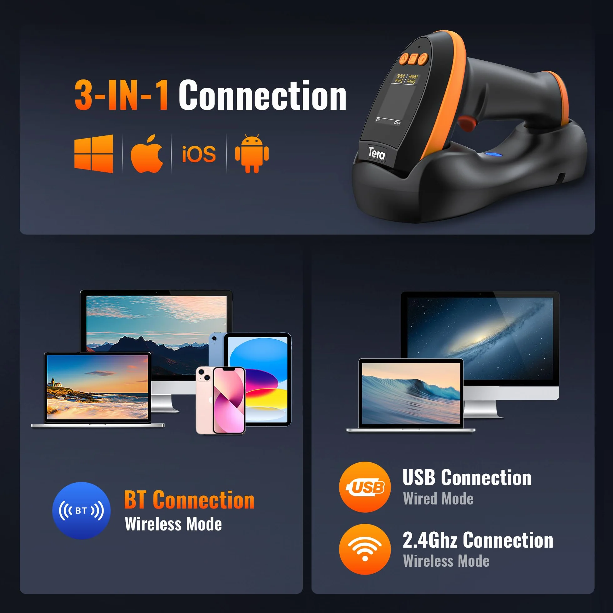 Tera Pro Escáner inalámbrico de códigos de Barras 1D 2D QR Pantalla de configuración Digital, Velocidad de escaneo Extra rápida, Bluetooth 2.4G Cable USB, Instructions en Anglais HW0009