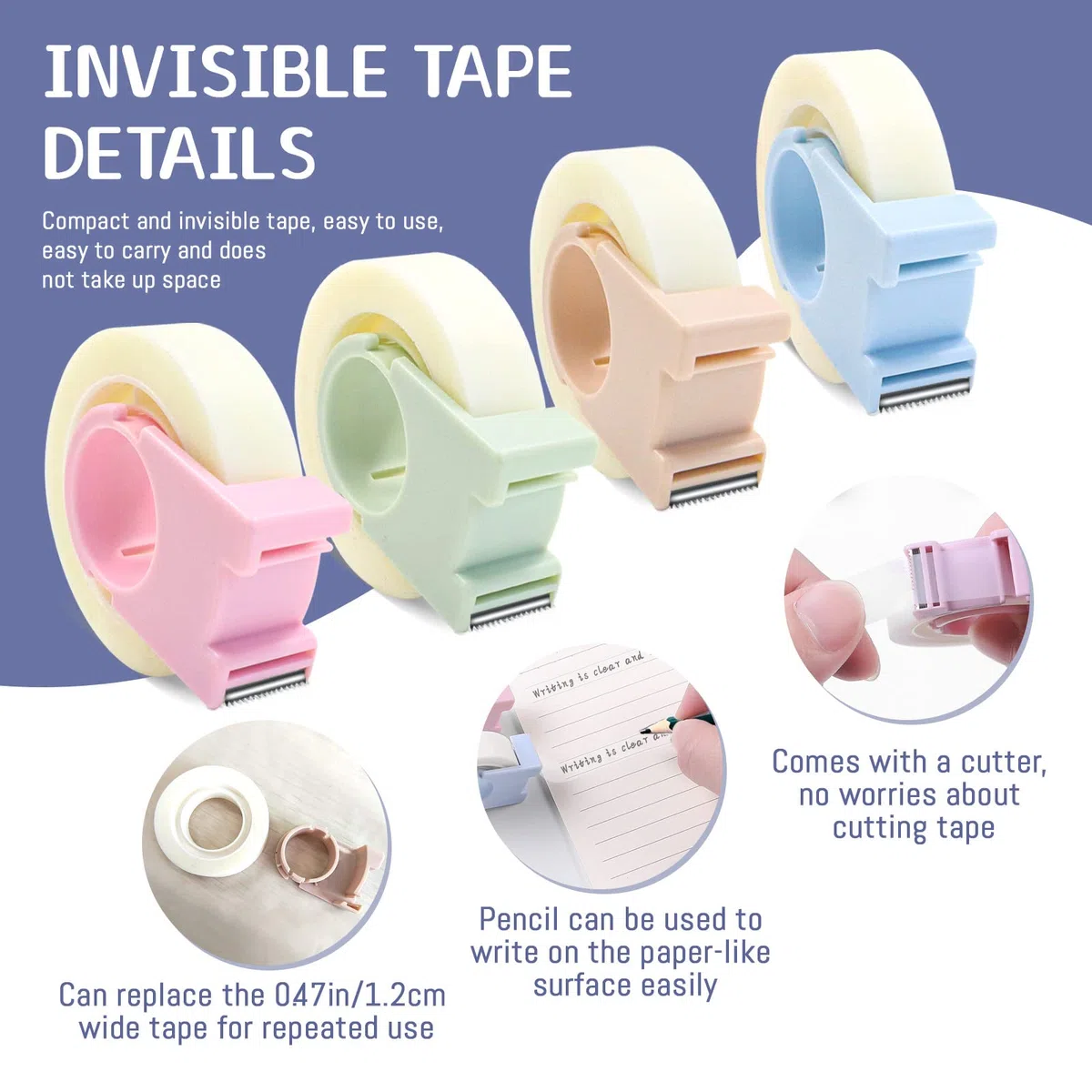Paquete de 12 cintas invisibles con mini dispensador, cinta mágica de 1/2 pulgada, cinta transparente para escribir, reparación portátil para oficina, escuela, hogar (12)