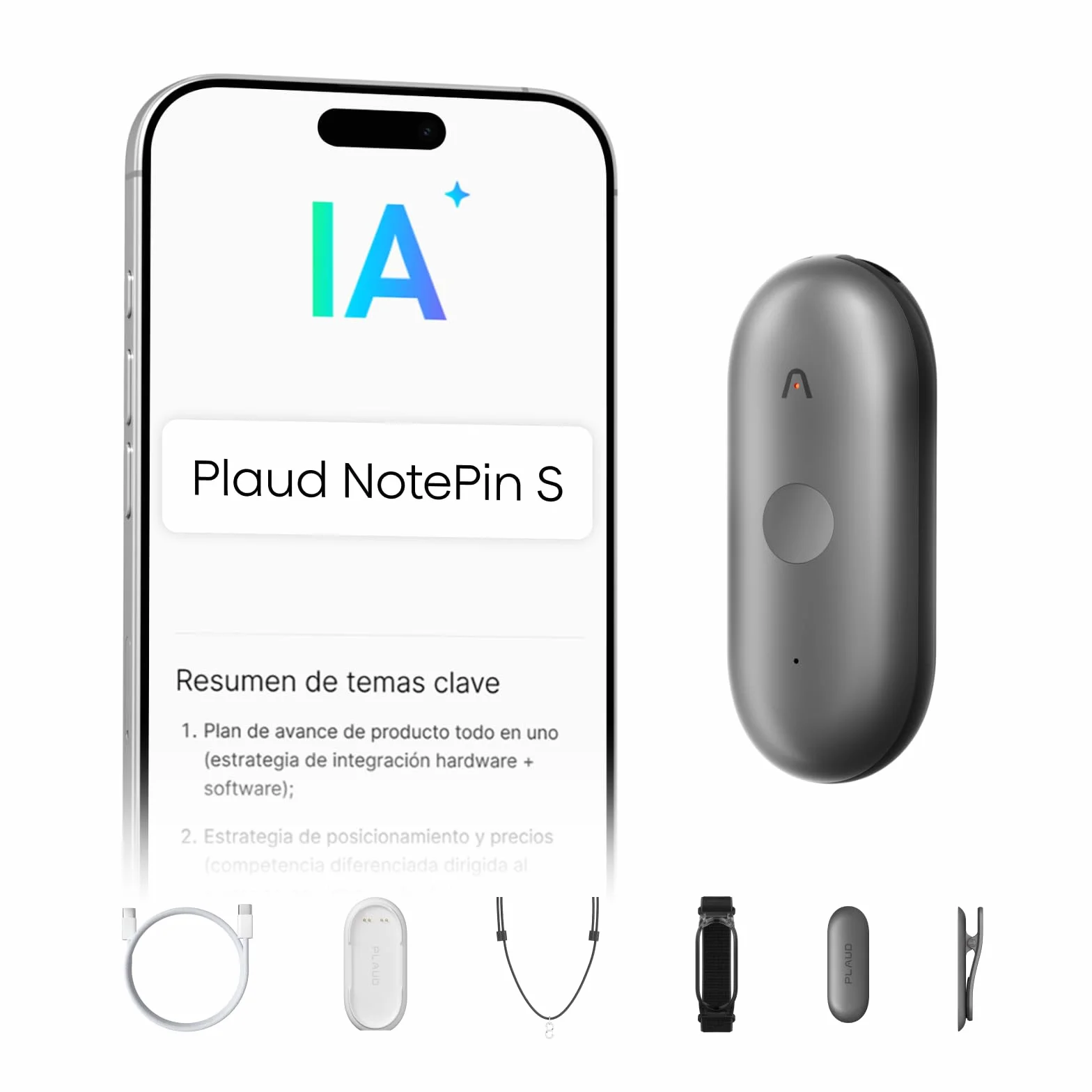 Plaud NotePin S Grabadora de Voz IA con Transcripción y Resúmenes para Reuniones
