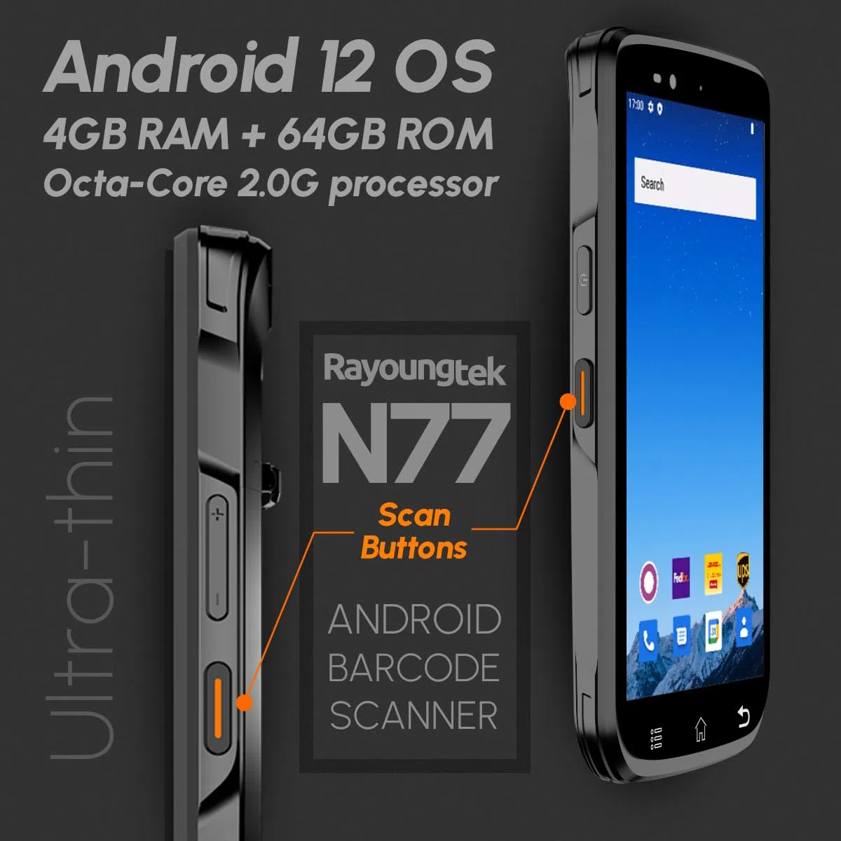 Rayoungtek Escáner de código de barras Android 1D/2D/QR, Lector de código QR, Android 12 4+64 GB con motor de escaneo Zebra SE4710 4G, computadora móvil inalámbrica N77