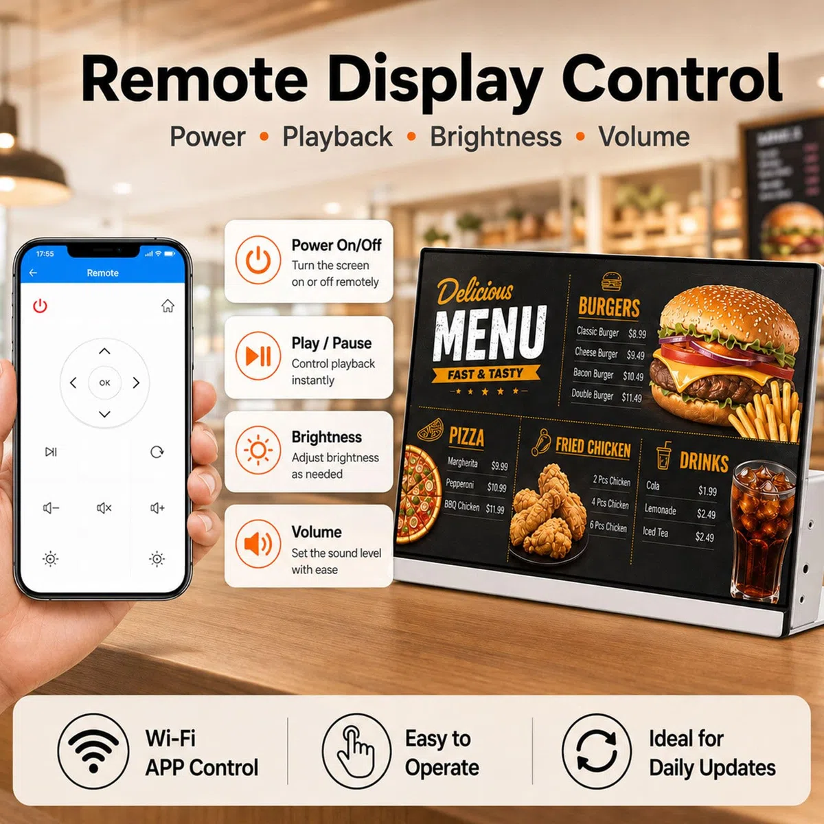 Panel de menú electrónico Gran Pantalla 23,8 Pulgadas | Reproducción pantalla dividida USB HDMI para hoteles y cafeterías publicidad comercial