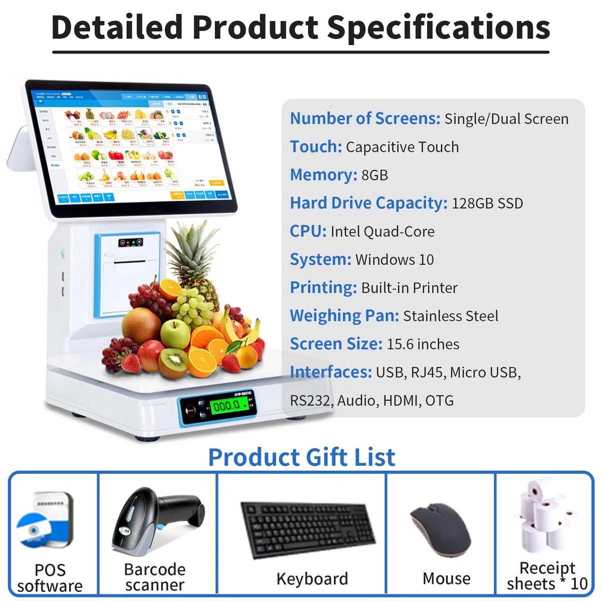TPV con Báscula, Pantalla Táctil Capacitiva De 15,6", Terminal TPV con Escáner Portátil Y 10 Rollos De Papel, Caja Registradora con Teclado E Impresora. para Restaurantes Singlescreen