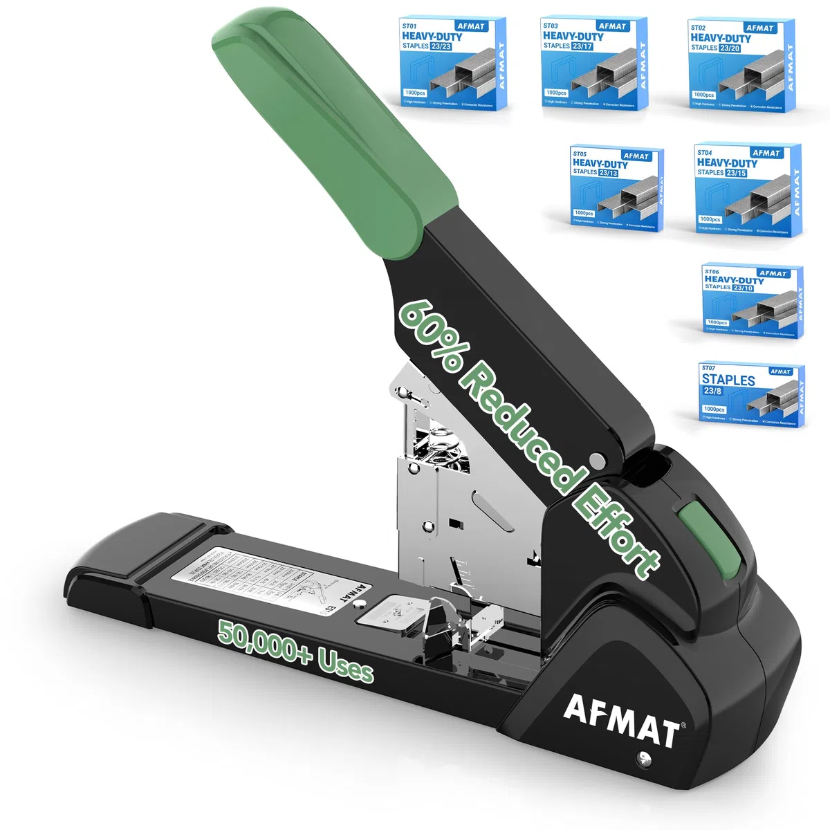 AFMAT Grapadora resistente, capacidad de 210 hojas, 60% menos esfuerzo, sin atascos, incluye 7.000 grapas, grapadora de escritorio de oficina de metal con profundidad de garganta ajustable para