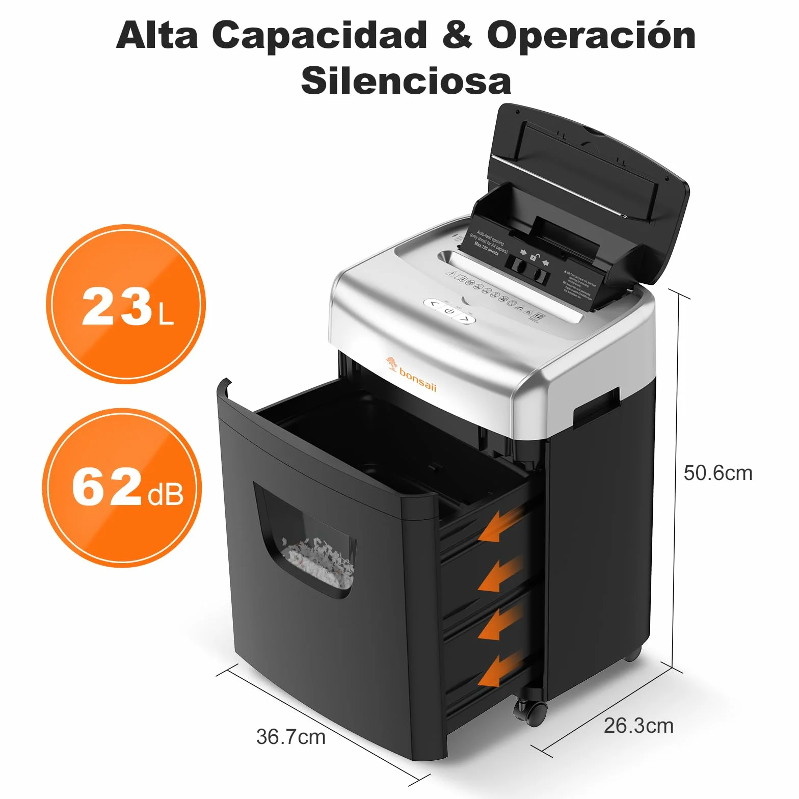 Bonsaii Trituradora de Documentos 120 Hojas con Alimentación Automática, Corte en Microcorte P-4, Equipada con un Contenedor de 23 litros y 4 Ruedas (C233-B)