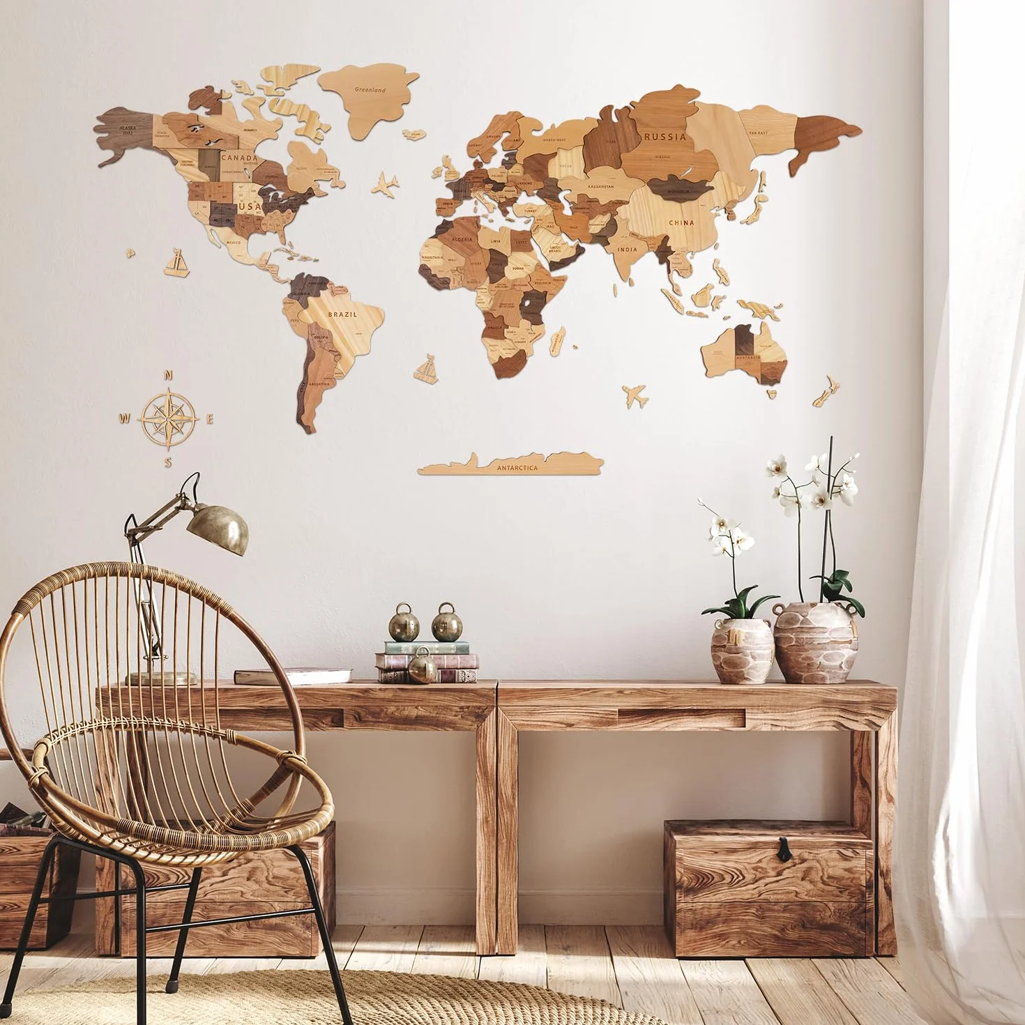 Creawoo Mapa del Mundo 3D de Madera para Decoración de Pared, Grande Mapamundi Maciza Natural Multicapa Arte de Pared para Oficina Sala de Estar Dormitorio, Mapamundi de Viaje de Madera-150x85cm