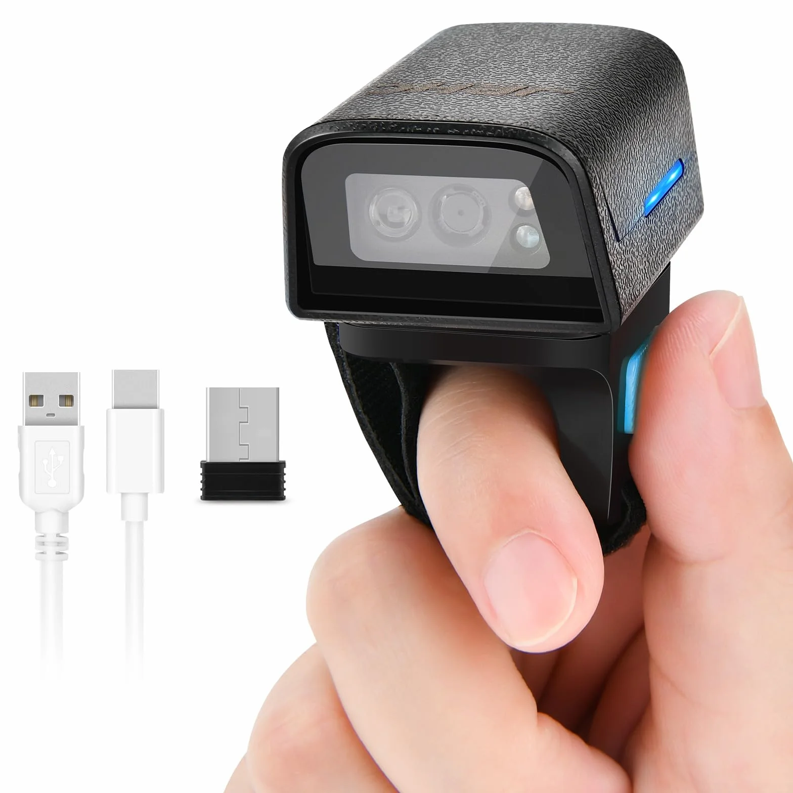 1D 2D Bluetooth portátil anillo de código de barras escáner portátil Mini lector de códigos de barras con conexión inalámbrica de 2,4 GHz y cable USB