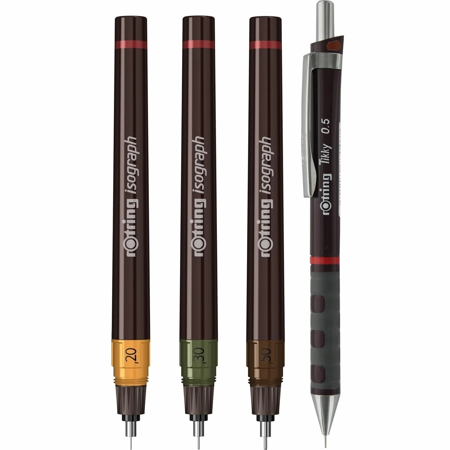 rOtring - Set de 3 Bolígrafos técnicos Isograph S0699320 Junior, 0.20 mm, 0.30 mm, 0.50 mm bolígrafos de punta fina y accesorios con cuaderno