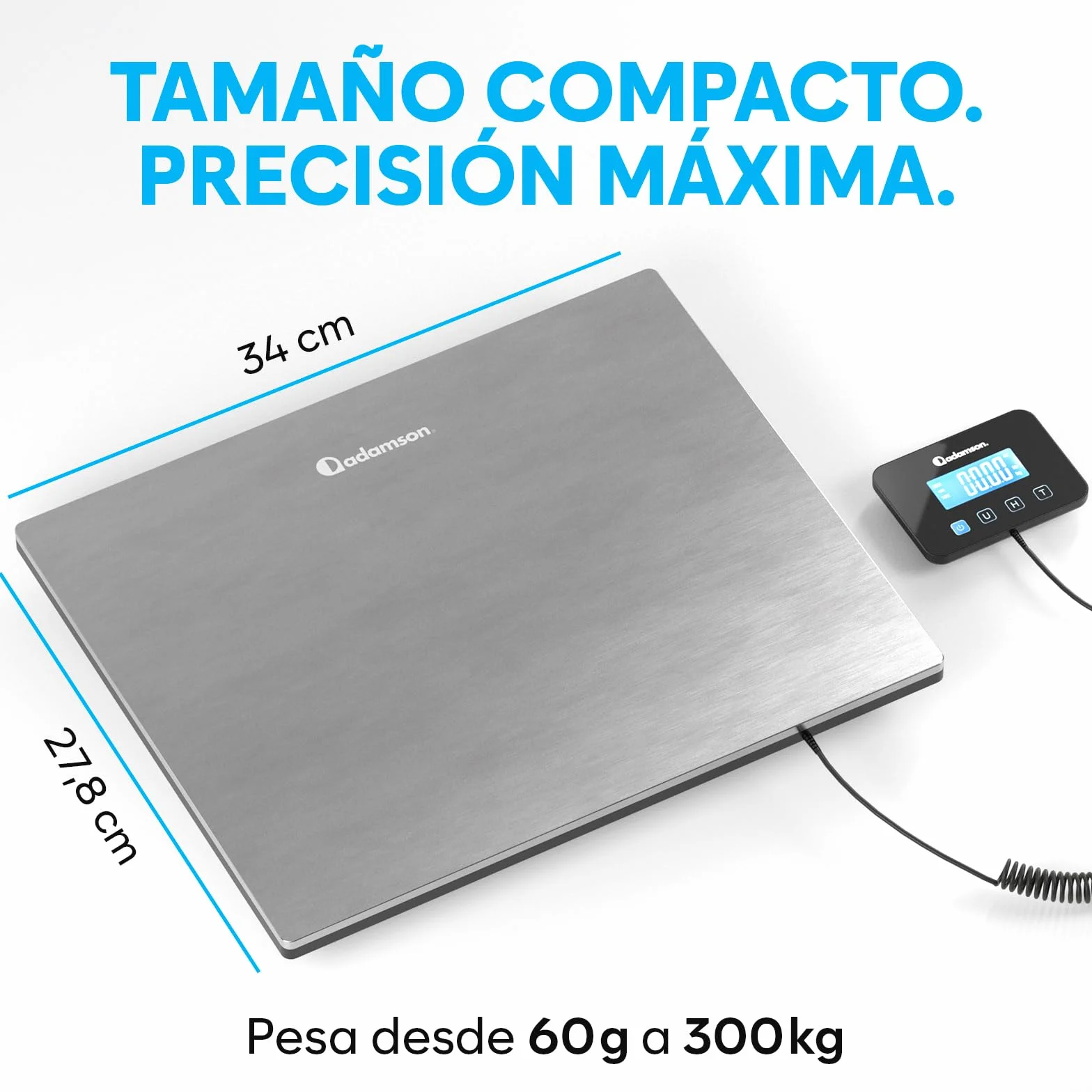 Bascula Industrial - 300 kg - Bascula Comercial de Alta precisión con Función de Retención/Tara - Perfecta para Paquetes, Equipaje, Uso Profesional - Batería y cable incluidos - Plata