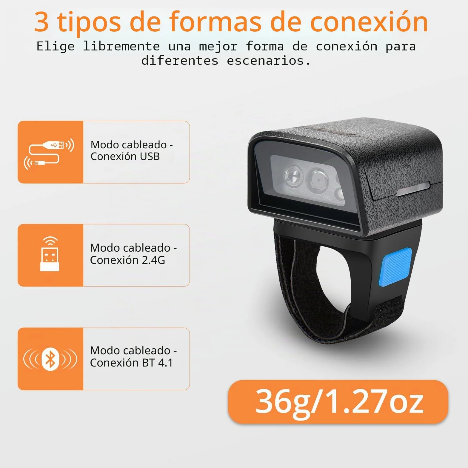 1D 2D Bluetooth portátil anillo de código de barras escáner portátil Mini lector de códigos de barras con conexión inalámbrica de 2,4 GHz y cable USB