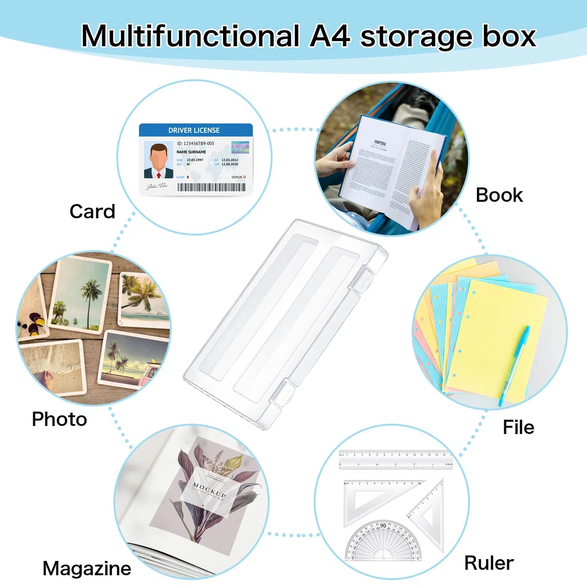 Caja de archivos A4, caja de almacenamiento de fotos A4, estuche portátil de plástico transparente, caja organizadora de documentos para suministros escolares de oficina, accesorios de 12.52 x 9.5 x