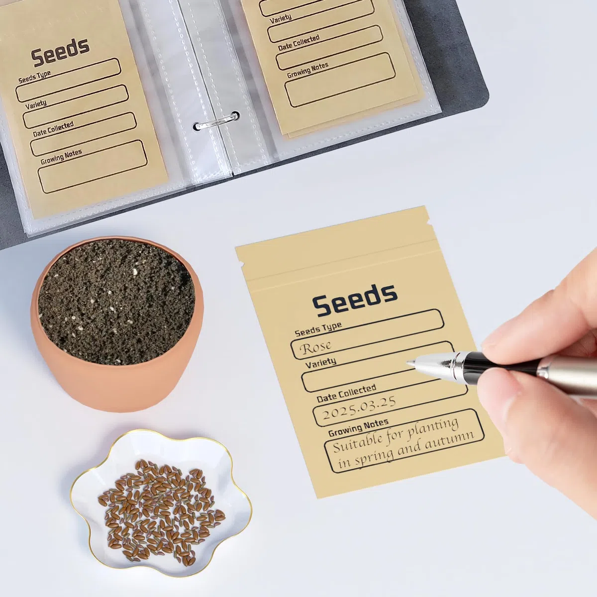 Carpeta organizadora de semillas con 50 sobres de semillas resellables, 50 bolsillos de almacenamiento, fundas transparentes de 3.5 x 5 pulgadas, ahorrador de semillas para los amantes del jardín