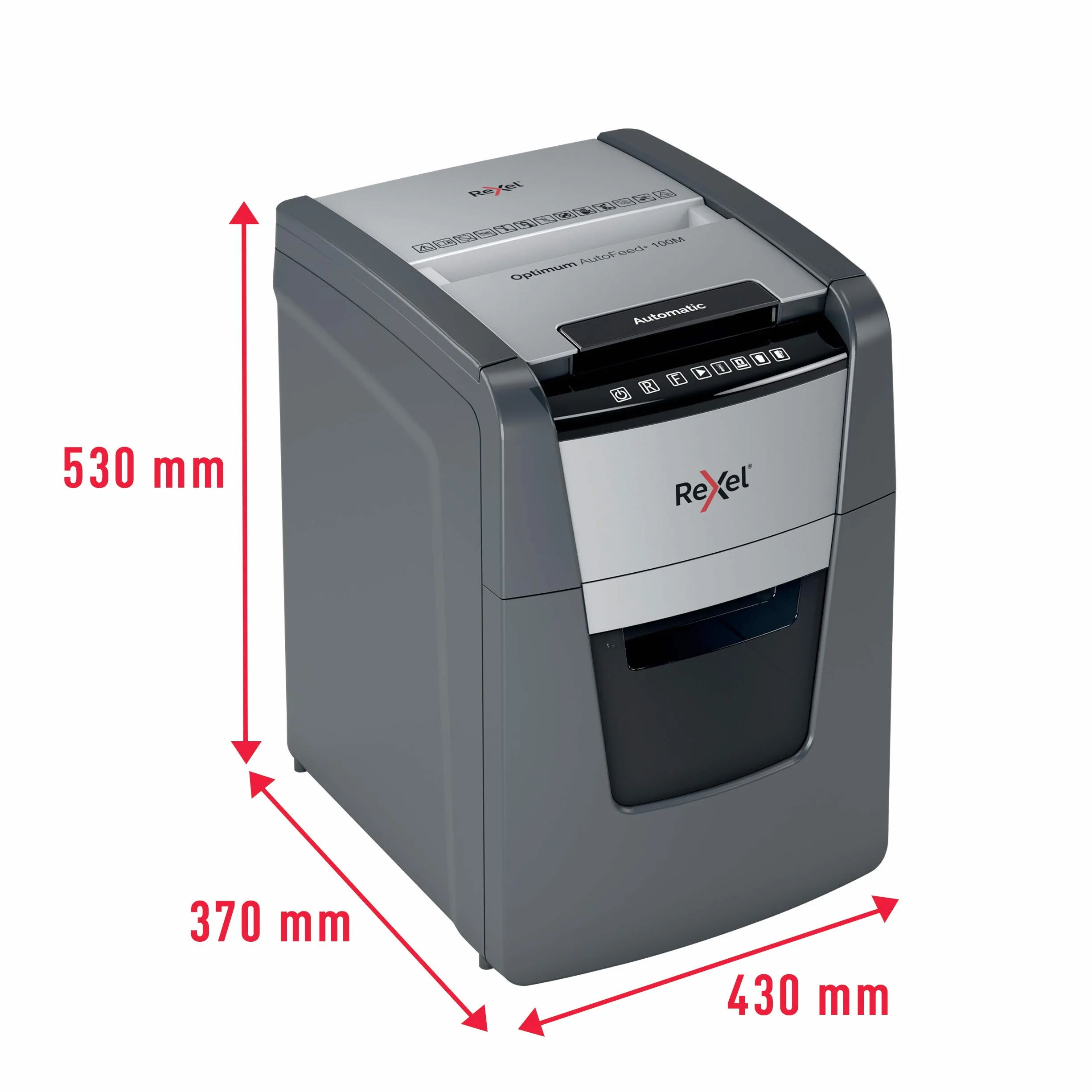 Rexel 2020100MEU - Destructora de Papel Automática Optimum AutoFeed 100M, Microcorte P-5 (2x15 mm), 100 Hojas A4, Papelera Extraíble 34L, Destruye Grapas y Clips, Oficina
