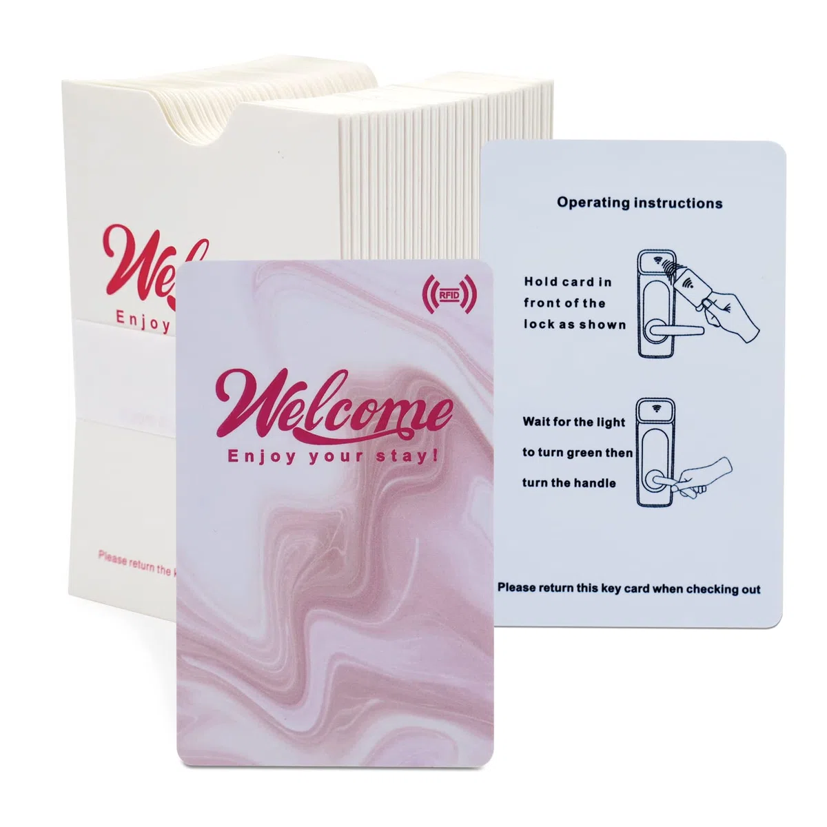 Hotel & Motel Tarjeta RFID para llave de motel sin contacto con funda de sobres, bienvenida, disfruta de tu estancia (paquete de 200 tarjetas, 50 fundas para regalo), color rosa
