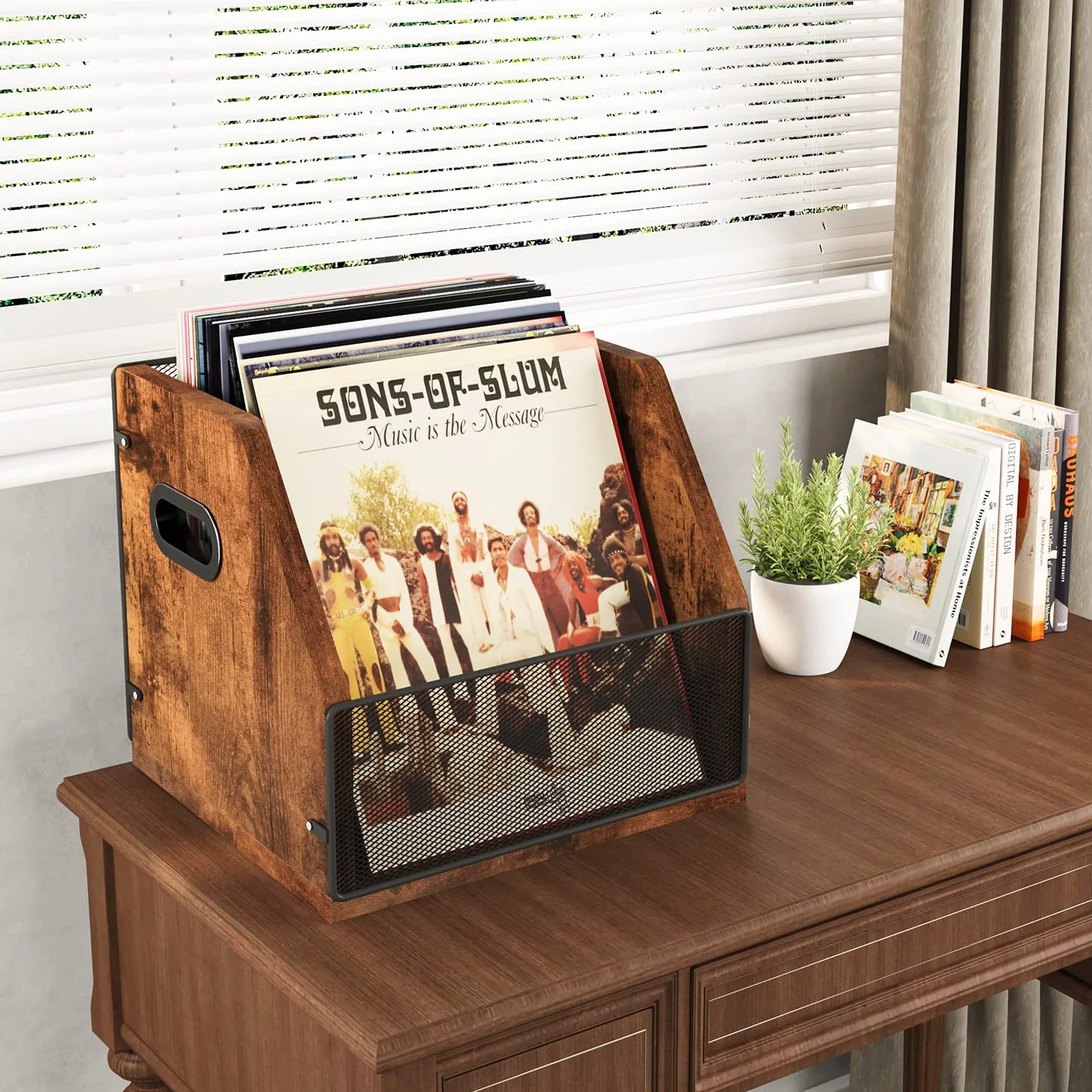 Homeiju Caja de almacenamiento de discos de vinilo de metal y madera, capacidad para hasta 60 discos, marrón rústico negro (1 paquete), portátil, uso en interiores, almacenamiento de música