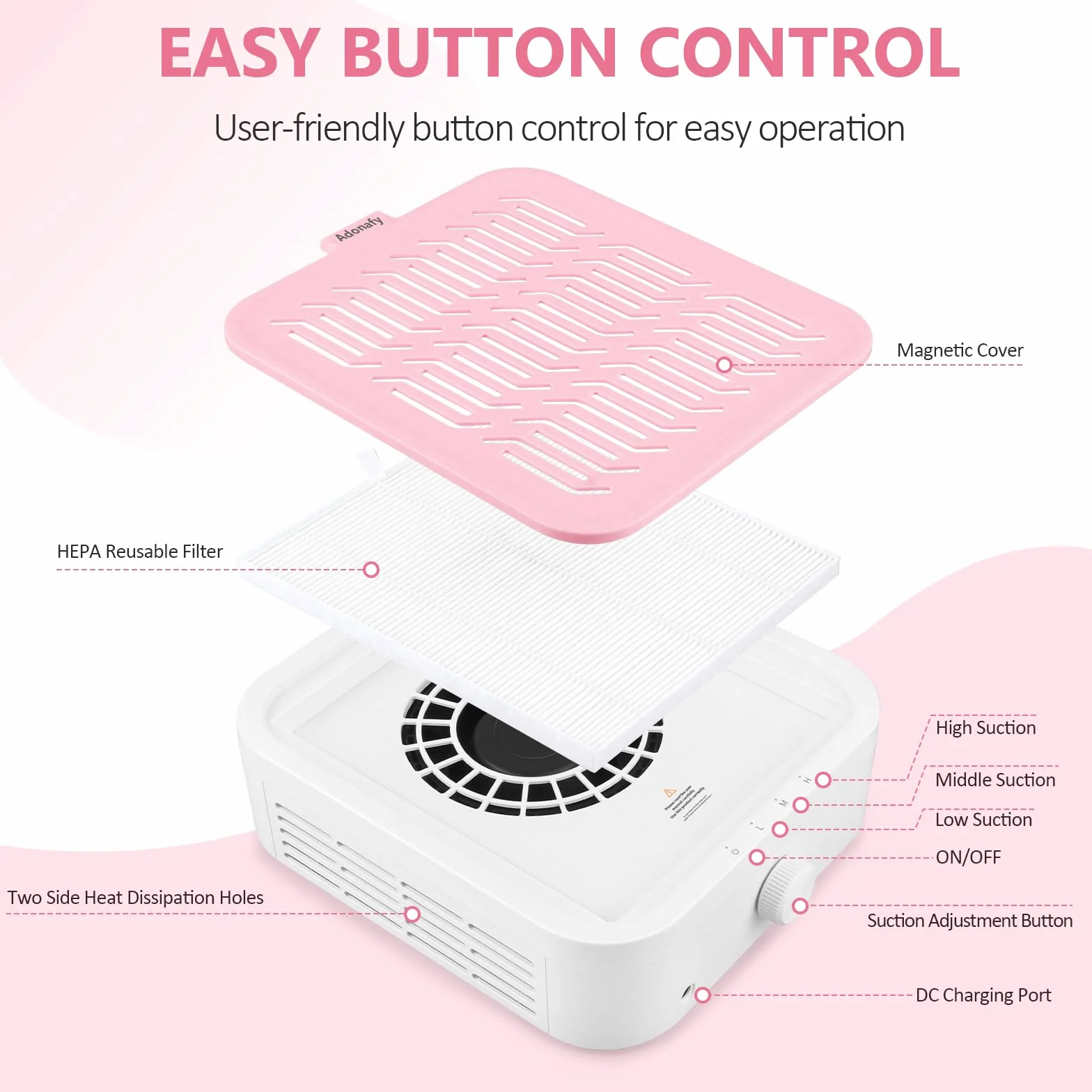 Extractor de Polvo para Uñas Profesional: 120W Potente Aspirador de Uñas para Principiantes - Bajo Nivel de Ruido Silencio Aspirador de Polvo de Manicura para Casa Salon(Rosa)