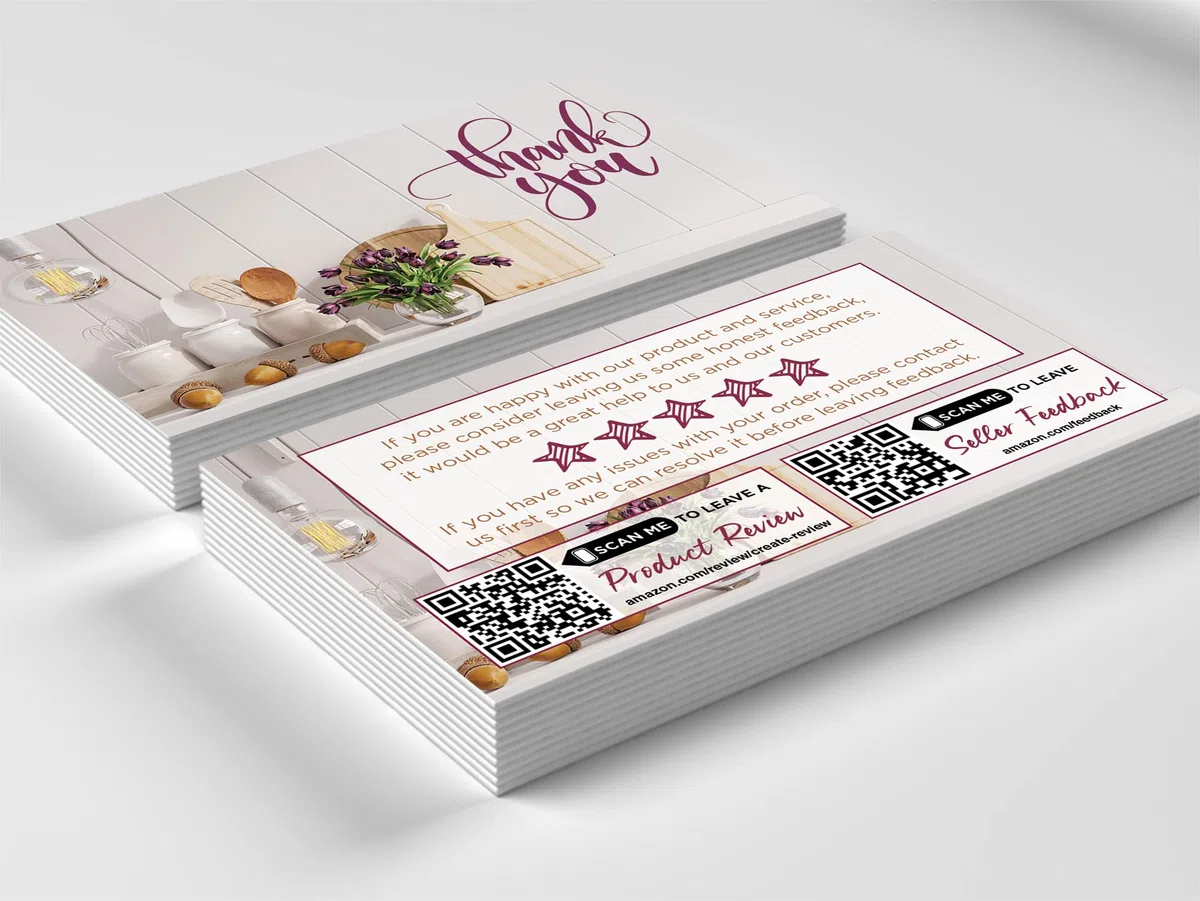 Tarjetas de agradecimiento por tu compra (2 x 3.5 pulgadas), insertos de paquete con solicitud de comentarios para vendedores de Amazon, minorista en línea para pequeñas empresas (cocina