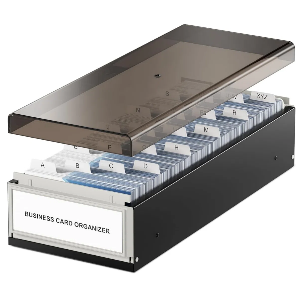 Portatarjetas de Visita, Almacenamiento de hasta 800 Tarjetas Caja de Tarjetas de Visita Extensible de Metal Y Plástico con Tapa Transparente(Negro)