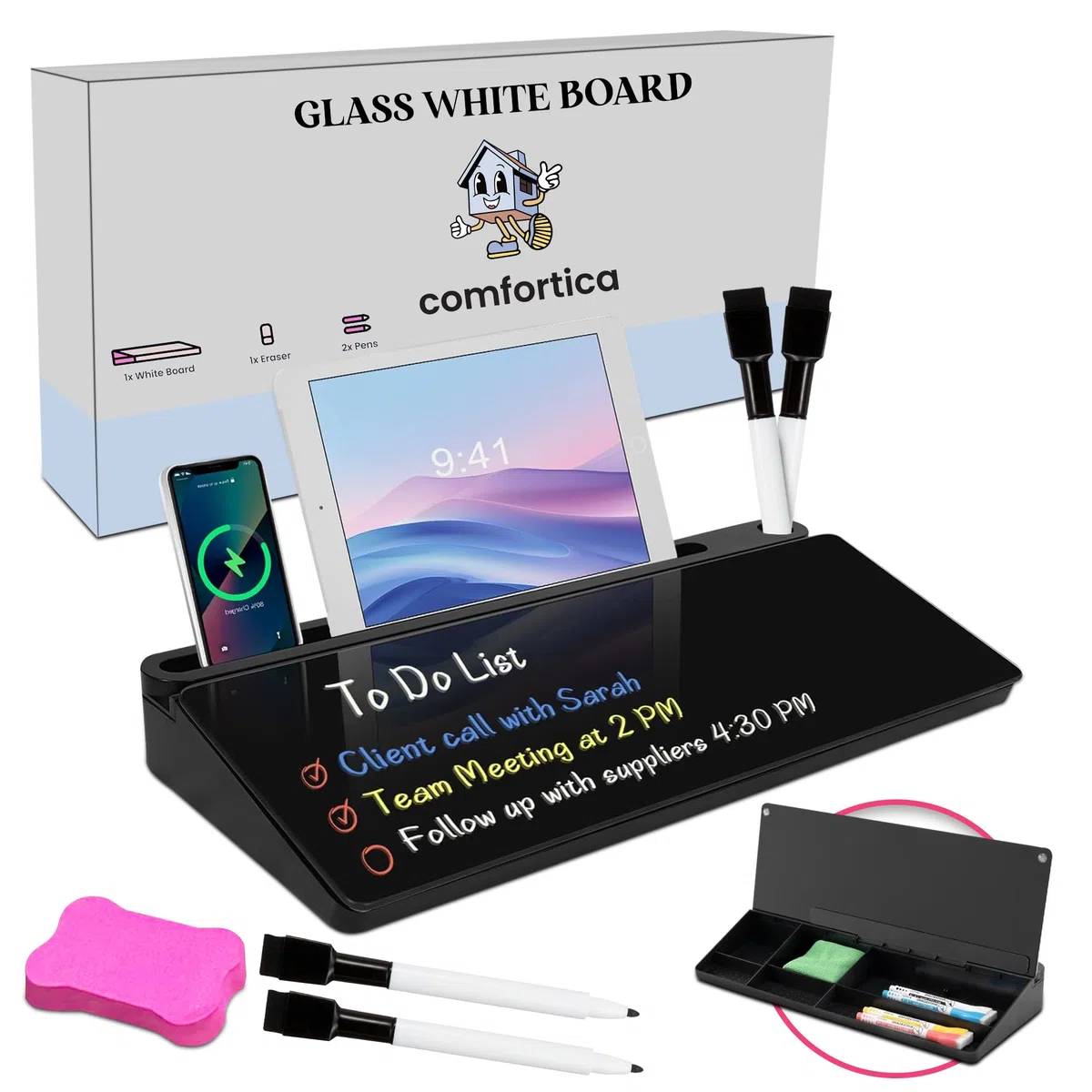 Pizarra blanca de escritorio – Pizarra blanca de escritorio de vidrio con almacenamiento – Pizarra pequeña de borrado en seco, organizador de soporte para teclado de computadora para notas