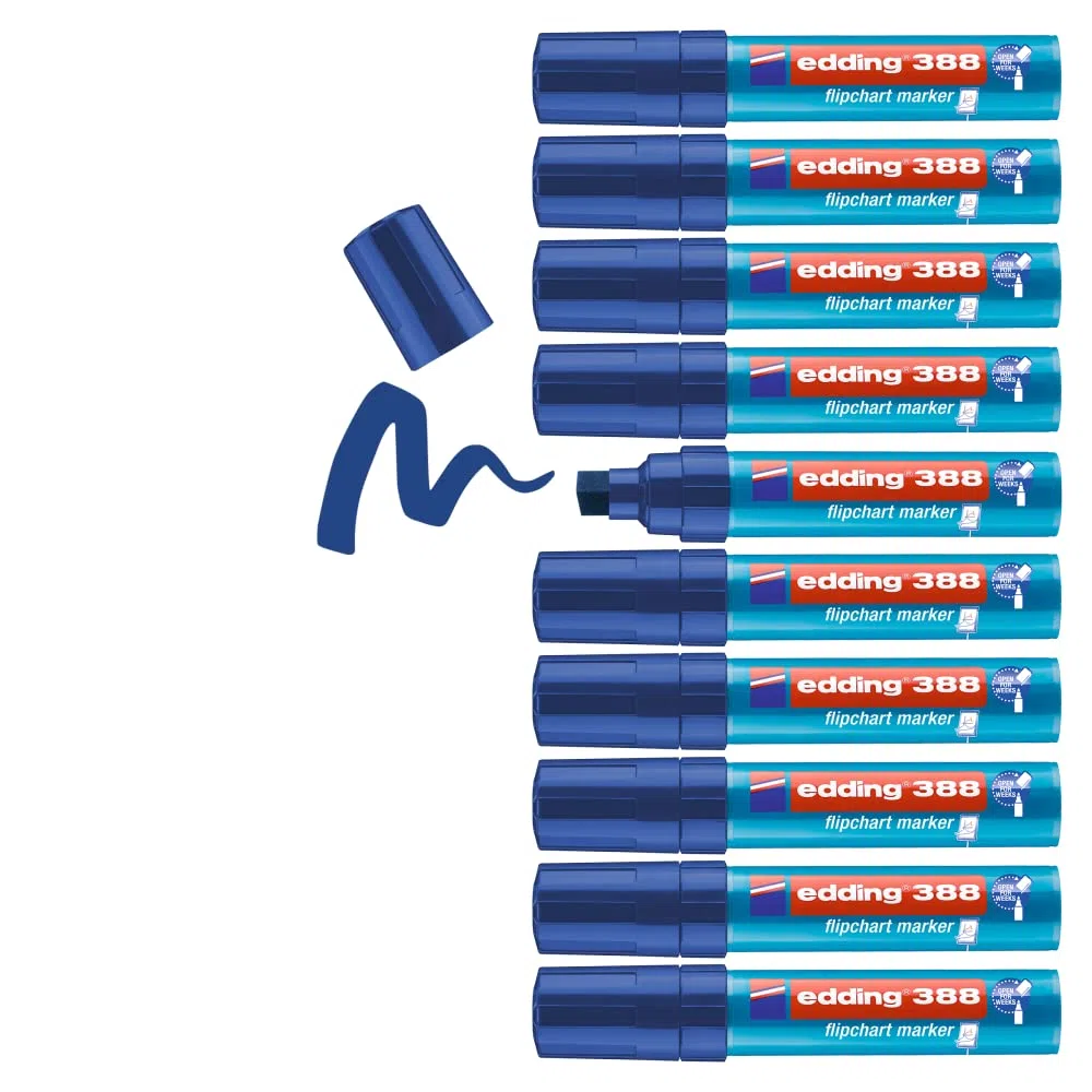 edding 388 marcador para flipcharts - azul - 10 rotuladores - punta biselada de 4-12 mm - rotulador para escribir, dibujar y marcar sobre papel - recargable, no traspasa, no mancha, impermeable