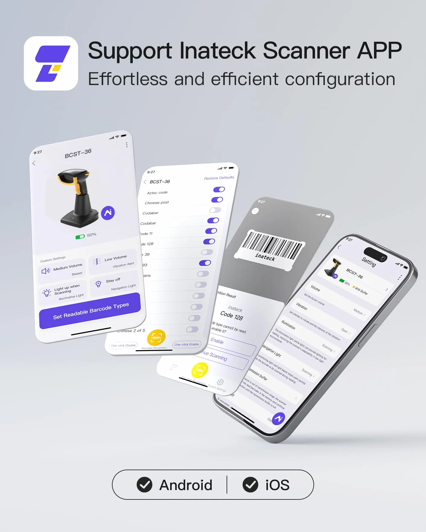 Inateck Escáner de Códigos de Barras Bluetooth 2D, Escáner QR Code 2D Inalámbrico con Batería de 2600 mAh y Base de Carga Inteligente, Escáner Portátil Compatible con AI, App, SDK, BCST-36