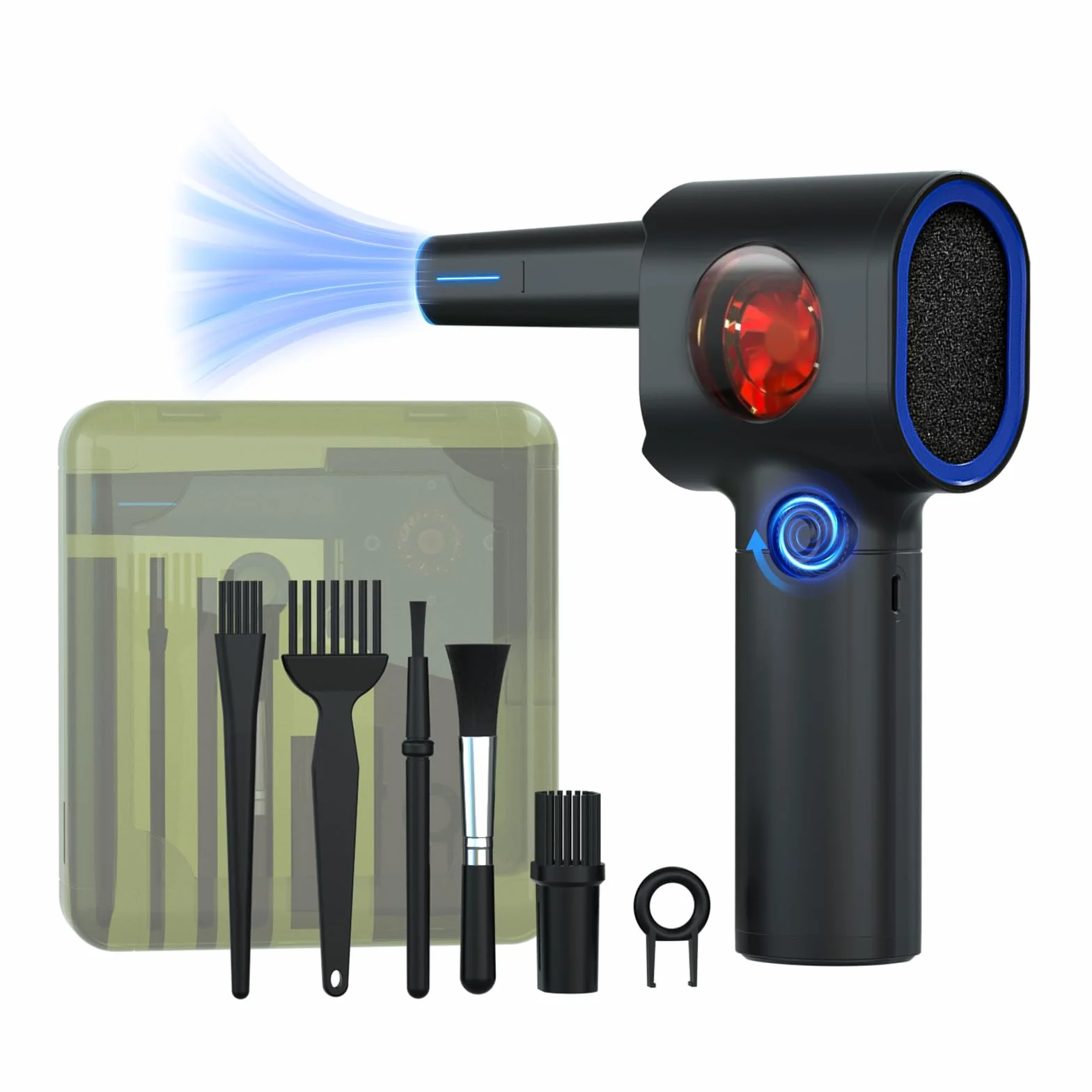 ATEngeus Soplador de Polvo Eléctrico, Eléctrico Aire Comprimido de velocidad continua con Caja de almacenaje, Aire Comprimido Limpieza con LED, soplador de aire de para coche, PC, hogar | 6 accesorios para reemplazar el aire de lata, limpiador de teclado