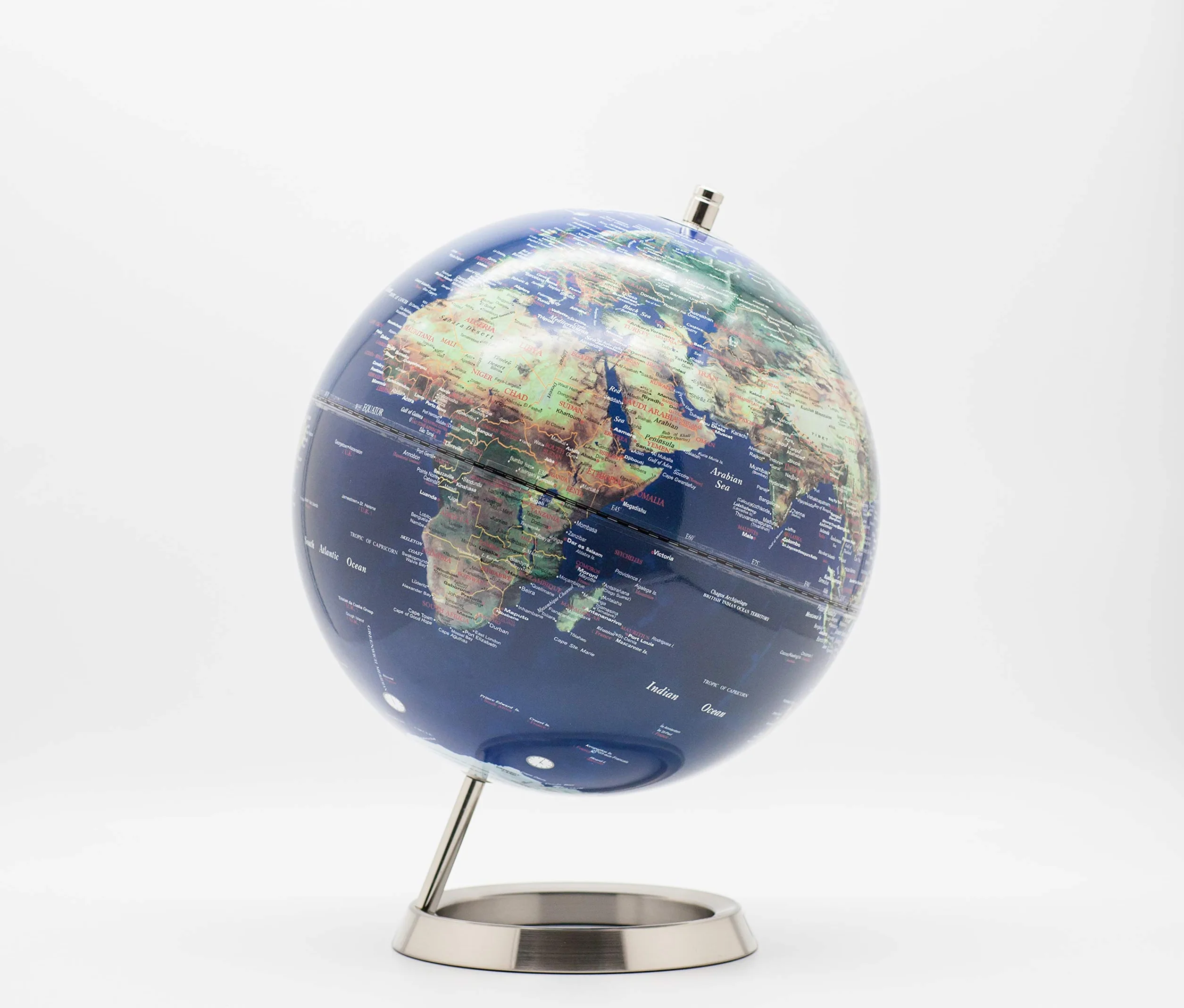 Exerz 25cm Globo Terráqueo - en Inglés - Decoración de escritorio educativa/geográfica/moderna - Con una base de metal (25cm Azúl Marino)