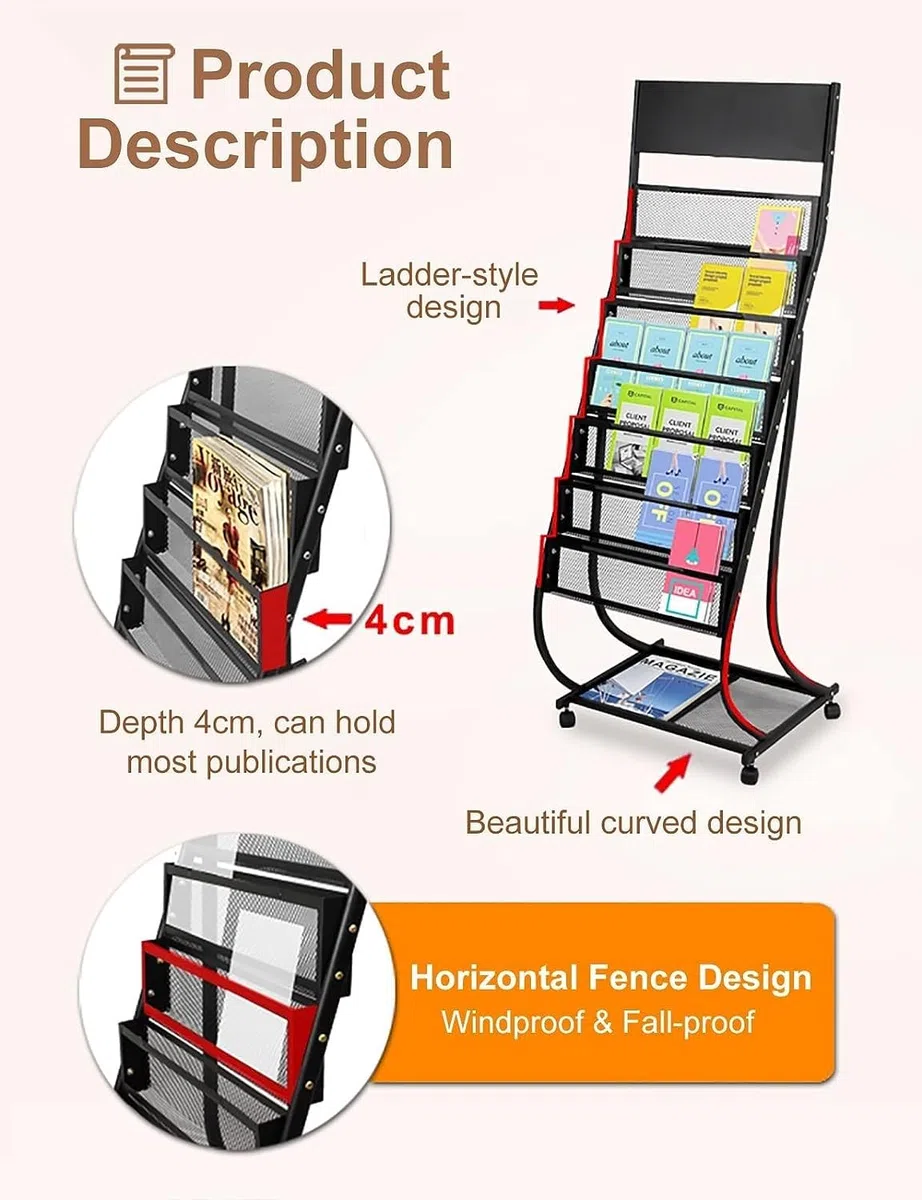 Estante De Exhibición, Estante De Carteles De Metal con Ruedas, Soporte De Revistas De Pie, Soporte De Exhibición De Folletos Y Folletos, para Almacenamiento De Oficina,Black