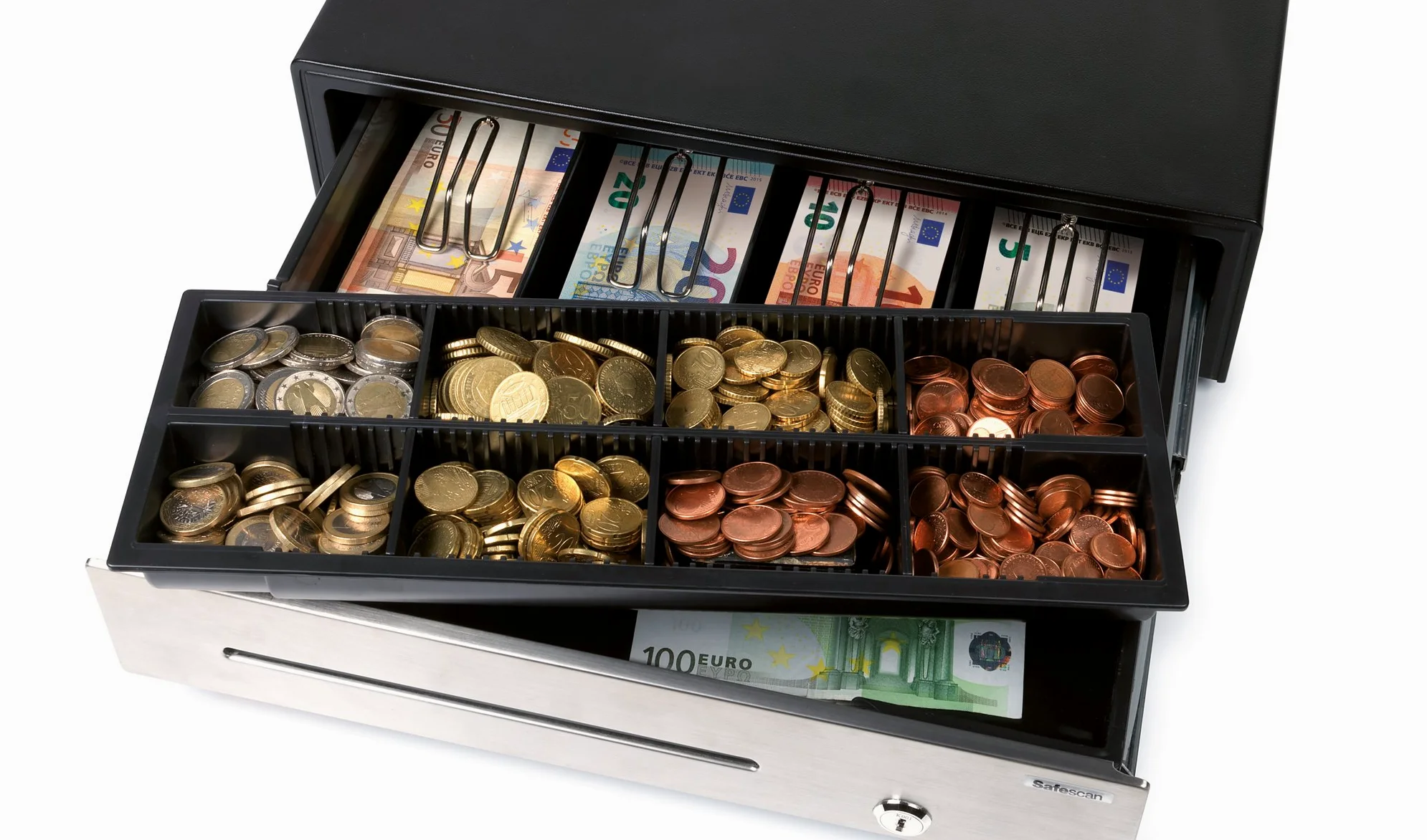 Safescan HD-4141S Cajón portamonedas uso intensivo para el efectivo - Caja dinero con 4 apartados para billetes y 8 para monedas - Caja dinero con conexión RJ-12 - Cajón portamonedas 41x41,5x11,5 cm