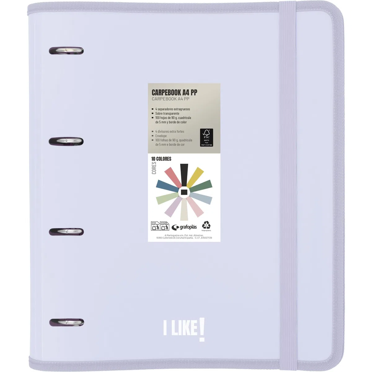 Grafoplas - Archivador 4 Anillas Plastico a4 con Recambio, Carpebook Like Lavanda Soft, Incluye Hojas Cuadros 90g 5x5 Bordes Color, Separadores, Sobre con Cierre, Pegatinas y Hojas Planner, Lomo Curvo