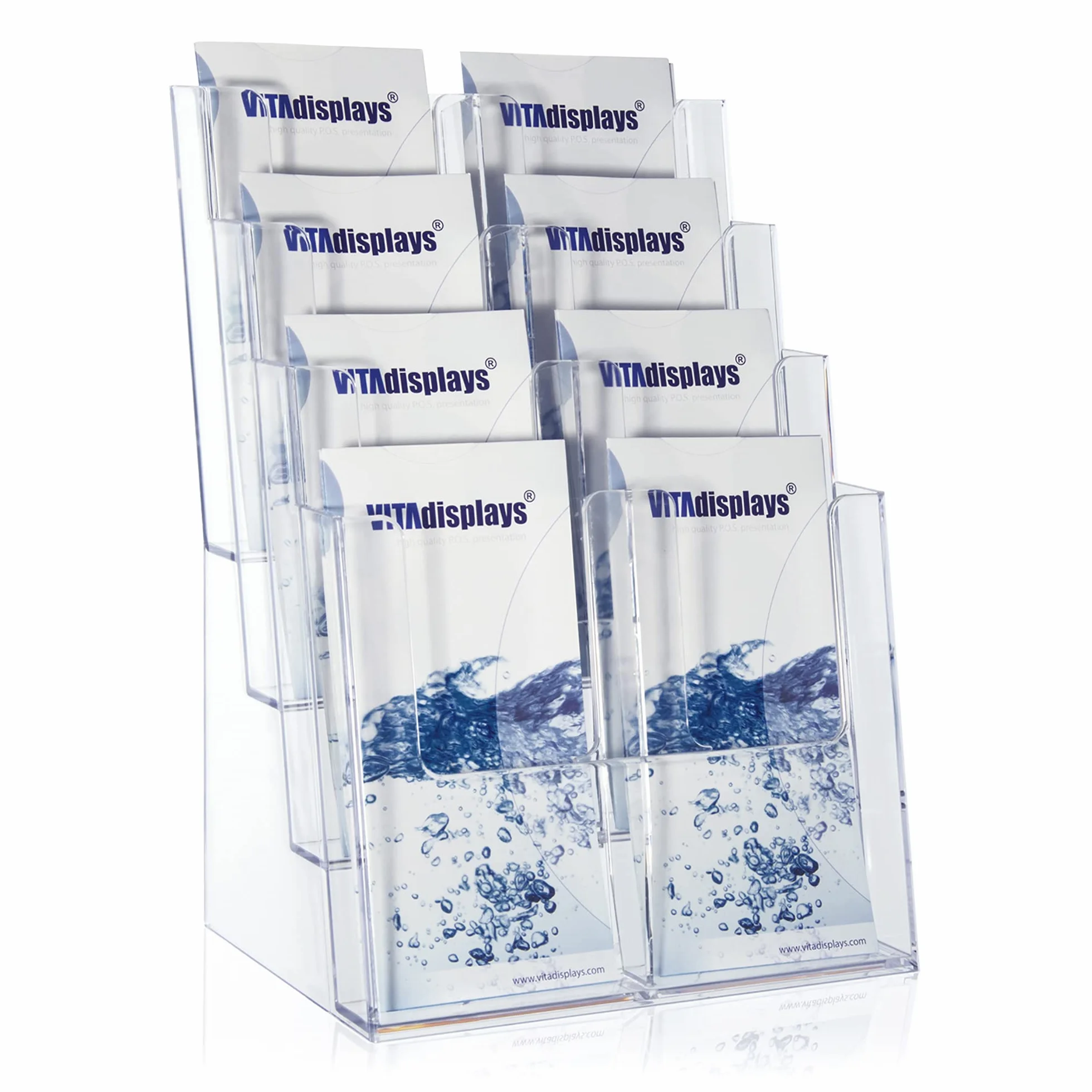 Sugerencias Taymar Soporte de mesa para folletos en formato A4, DL, 4 niveles, transparente, 8 compartimentos