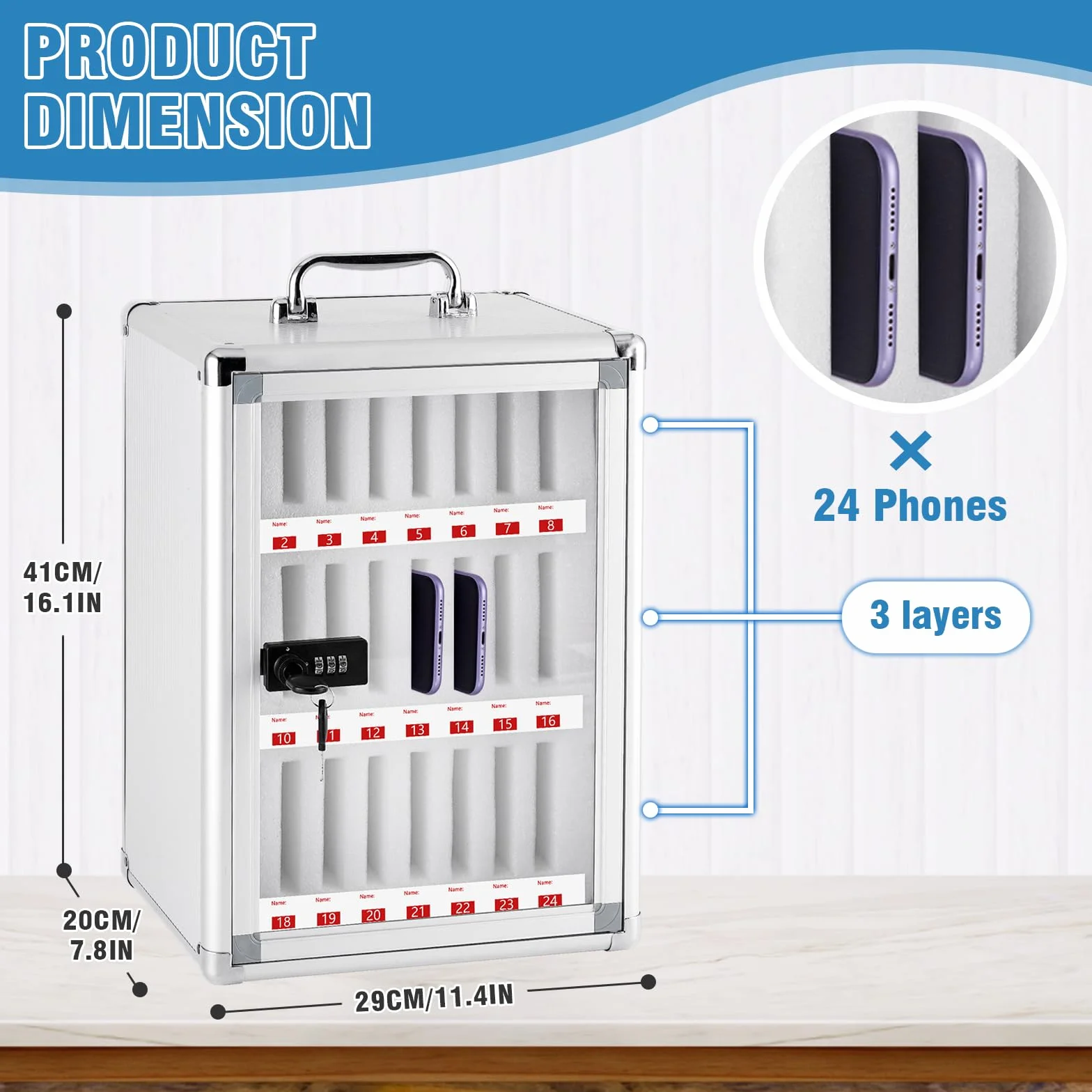 MXBAOHENG Gabinete de Almacenamiento para teléfono móvil de aleación de Aluminio con 24 Ranuras Caja de Bloqueo de teléfono montado en la Pared con asa y código para la Empresa de fábrica Escolar