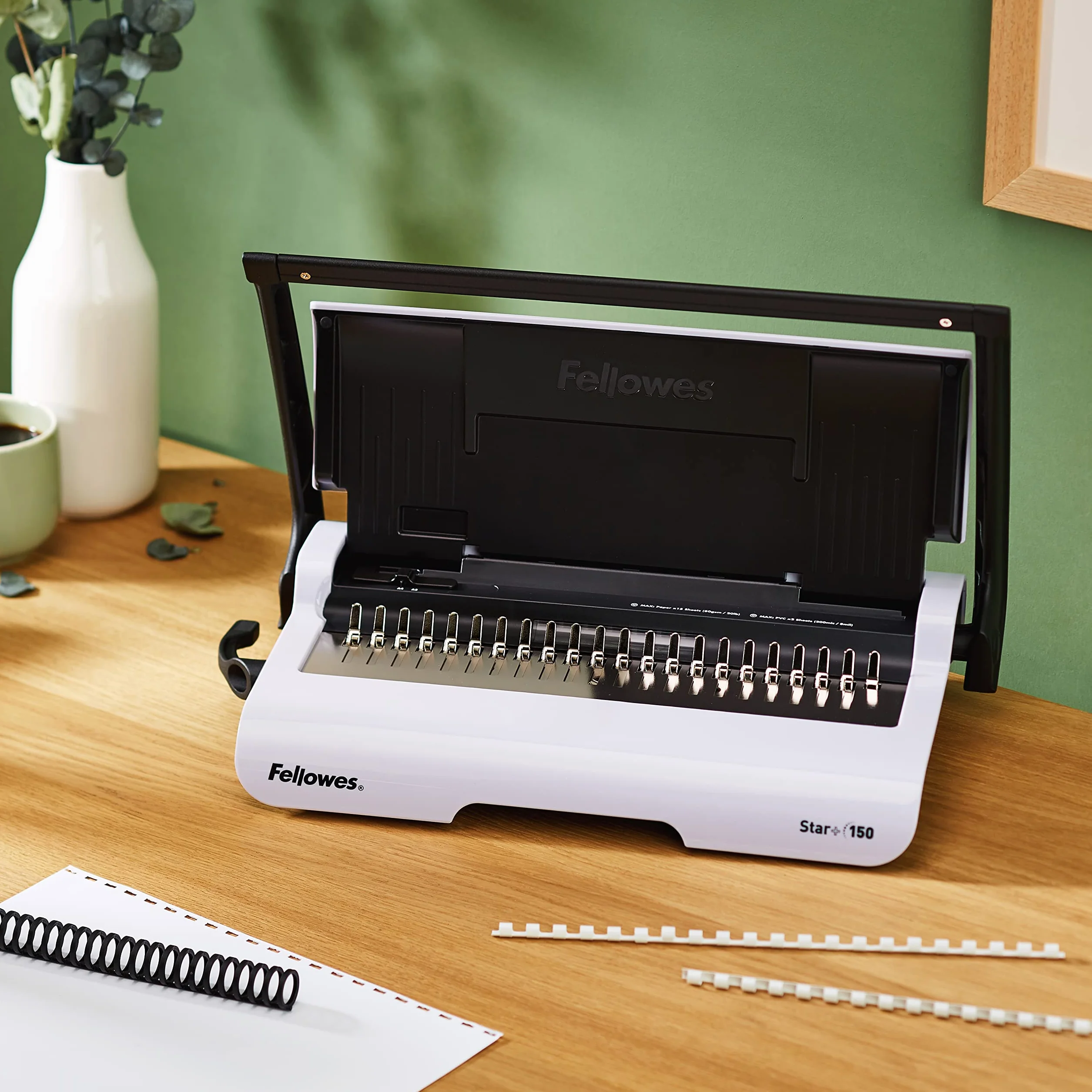 Fellowes Star+ encuadernadora con almacenamiento – perfora hasta 15 hojas A4 – encuadernadora manual de canutillo plástico – encuaderna hasta 150 hojas – ideal hogar o pequeña oficina
