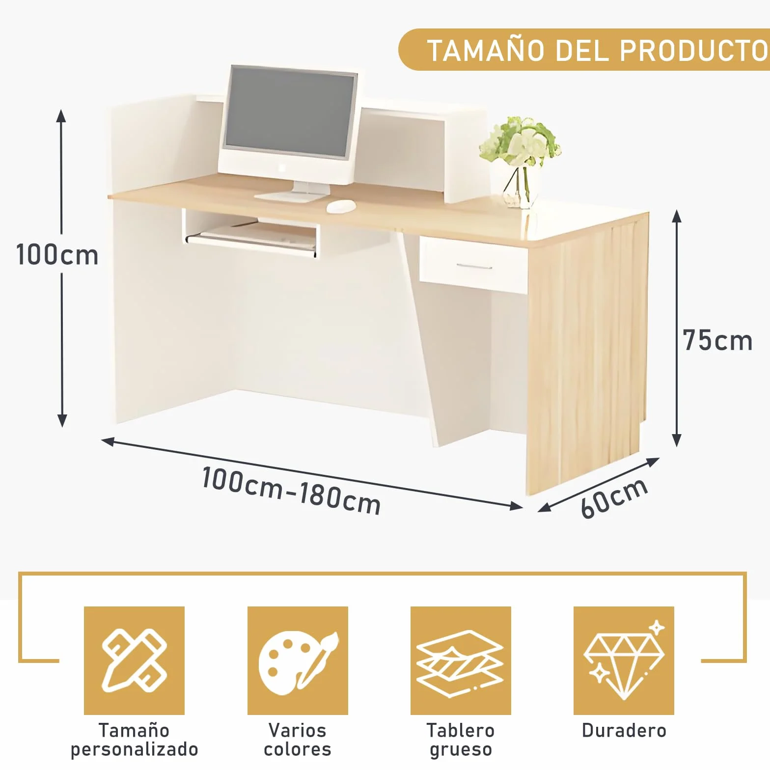 Mostrador Recepción Grande de 100 a 180 cm, con Cajón y Estantes Abiertos Mostradores Recepcion, Mueble para Oficina, Salón, Tienda o Vestíbulo Blanco+Gris/Derecha 180x100x60cm