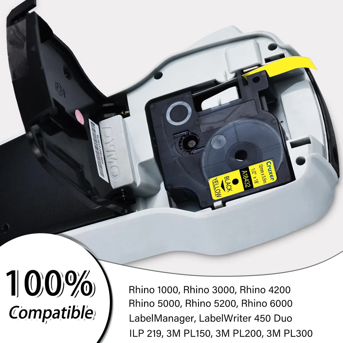 Cruxer Paquete de 40 cintas de etiquetas de vinilo compatibles con Dymo IND 18432 S0718450 A18432, negro sobre amarillo, 12 mm x 5,5 m, repuesto para Dymo Rhino 1000 4200 6000 LabelWriter 450 Duo ILP
