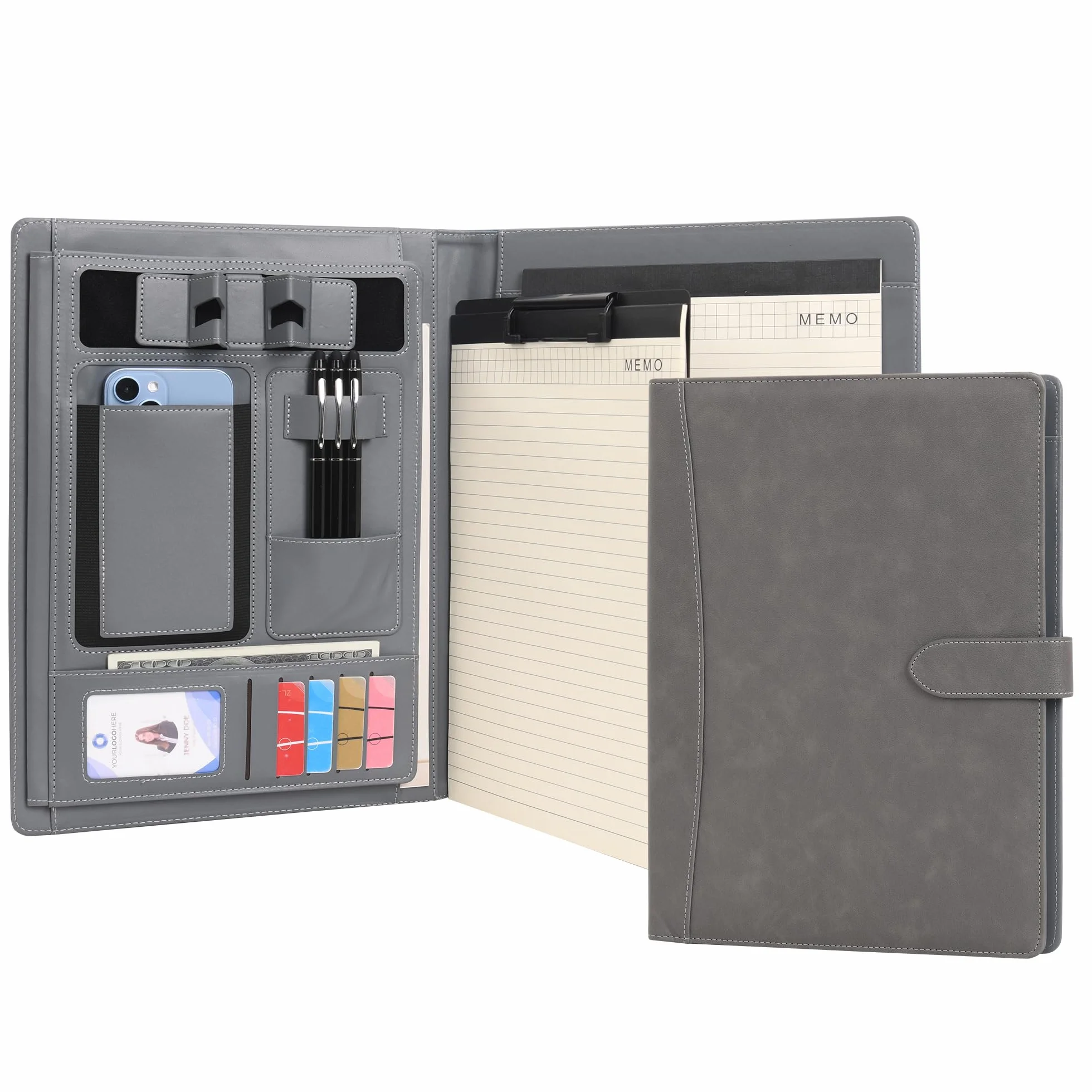 Wason Carteras Portadocumentos A4 Carpeta de Cuero PU Archivos Documento Estuche con Bloc de notas y Portapapeles Extraíble Soporte de Teléfono para Organizador Oficina Viajes Escuela (Gris)