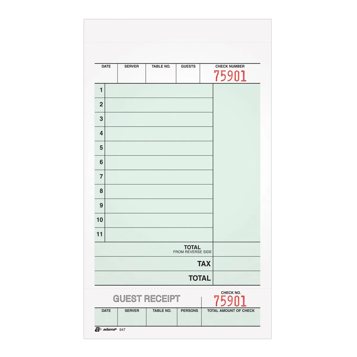 Adams Guest Check Unit Sets, 2-Part, Carbonless, White Bond/Tag, 4-1/4 x 6-3/4 Inches Detached, 250 Sets/Pack (947SWC)