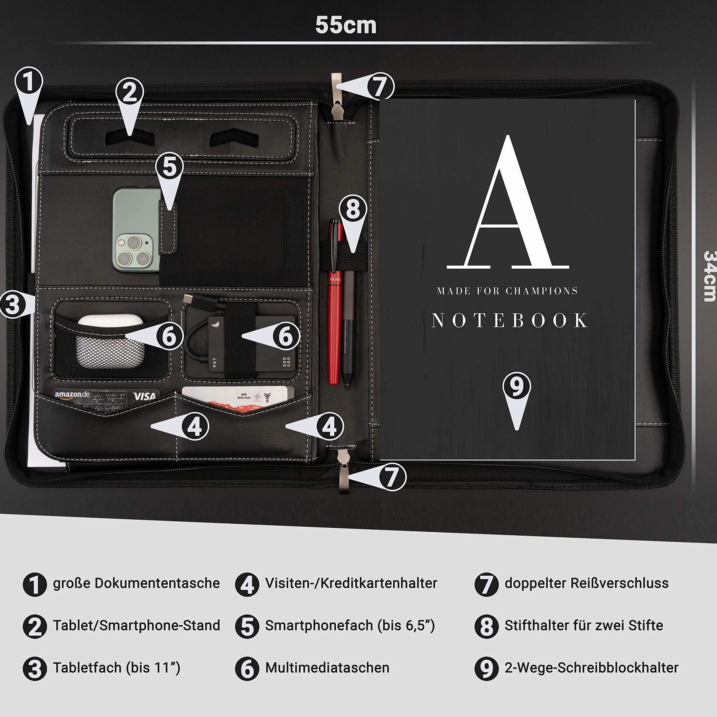 Portadocumentos A4 Premium con doble cremallera y compartimento de 13 pulgadas para la tableta, IPad Carpeta de Conferencias profesional de PU-cuero para hombres y mujeres