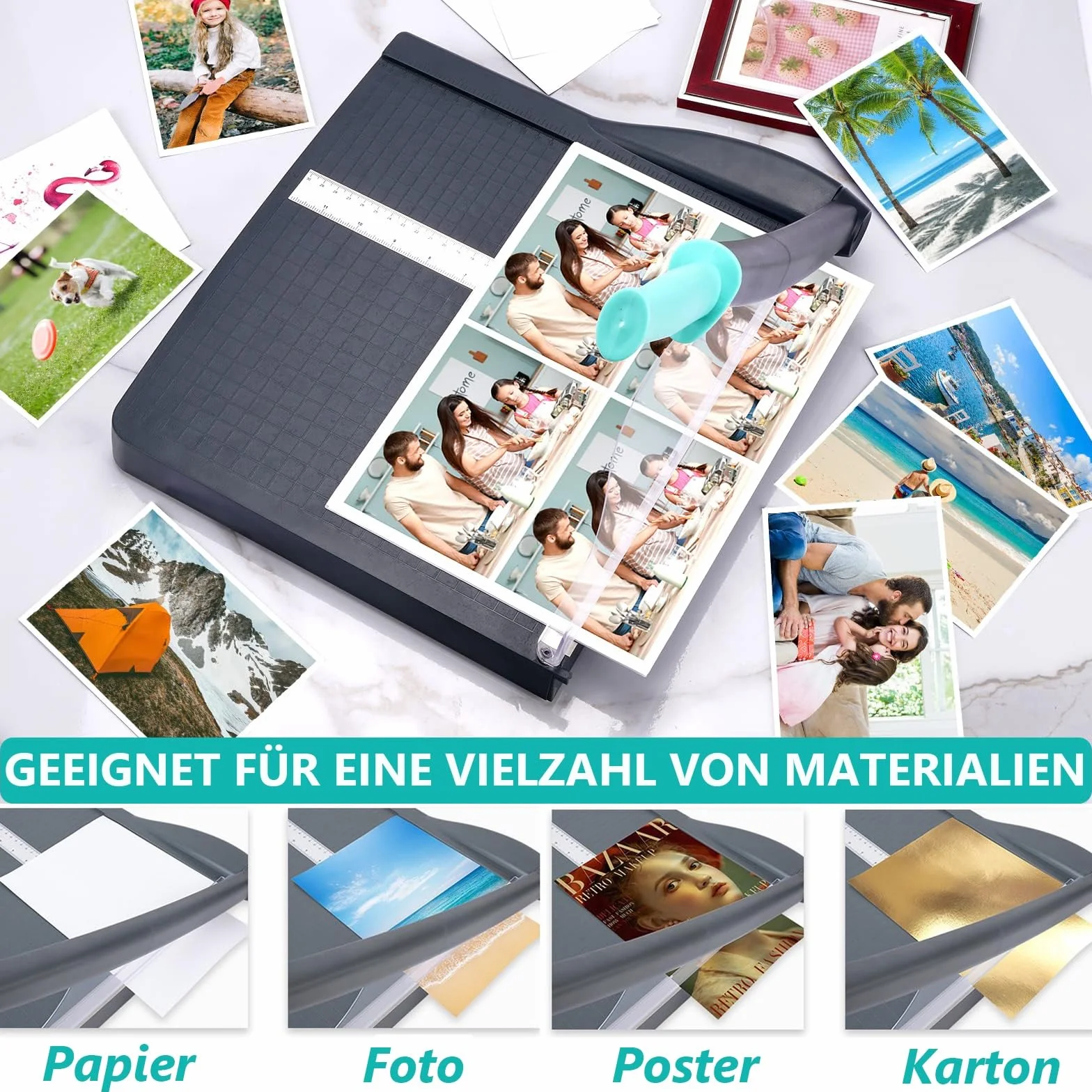 Guillotina de Papel Manual con Protección de Seguridad y Bloqueo de Cuchilla, Cizalla Papel A4 B5 A5 B6 B7, Cortador de Papel Profesional Capacidad 16 Hojas, Perfecto para Fotos, Papel, Tarjeta, Gris