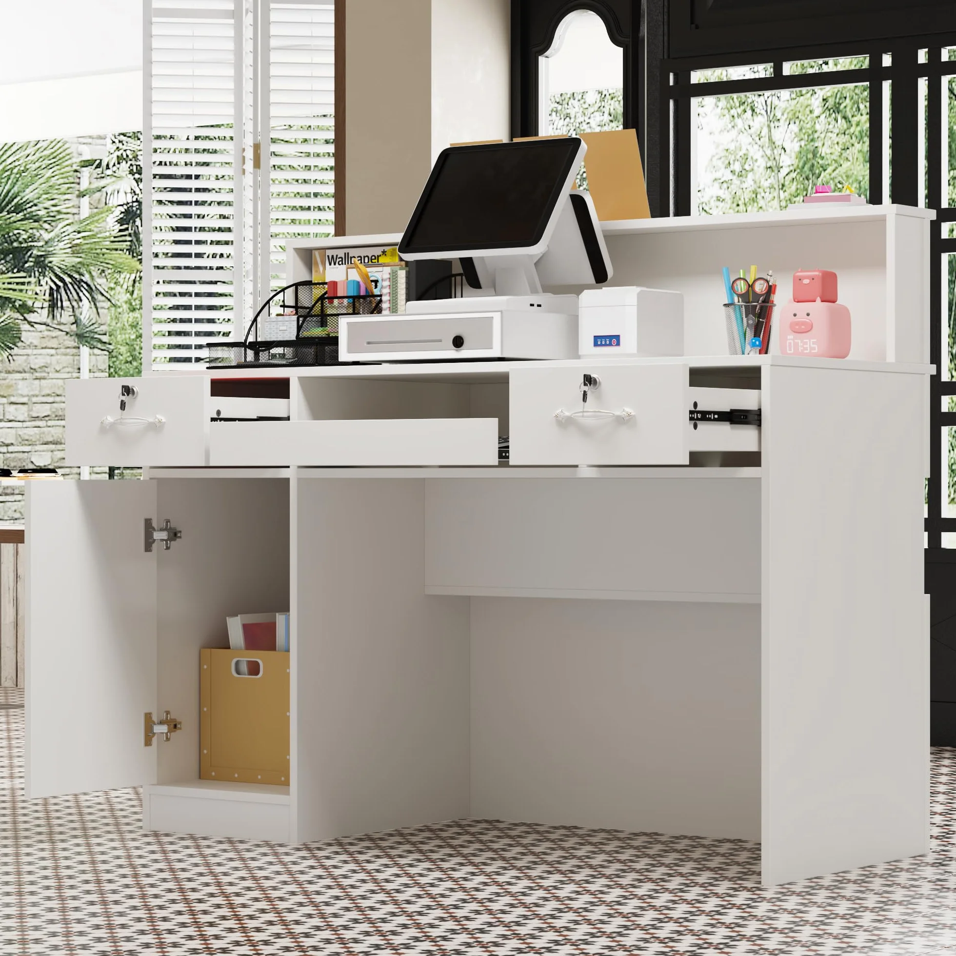 Mueble de recepción Blanco MDF 100cm x 120cm x 50cm con cajón para teclado