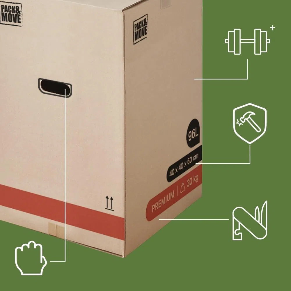 Pack And Move – Lote de 40 cajas de mudanza premium – 40 x 40 x 60 cm – Extrema resistencia 25 kg – Reutilizables – Doble grosor – Asas reforzadas – 2 adhesivos disponibles