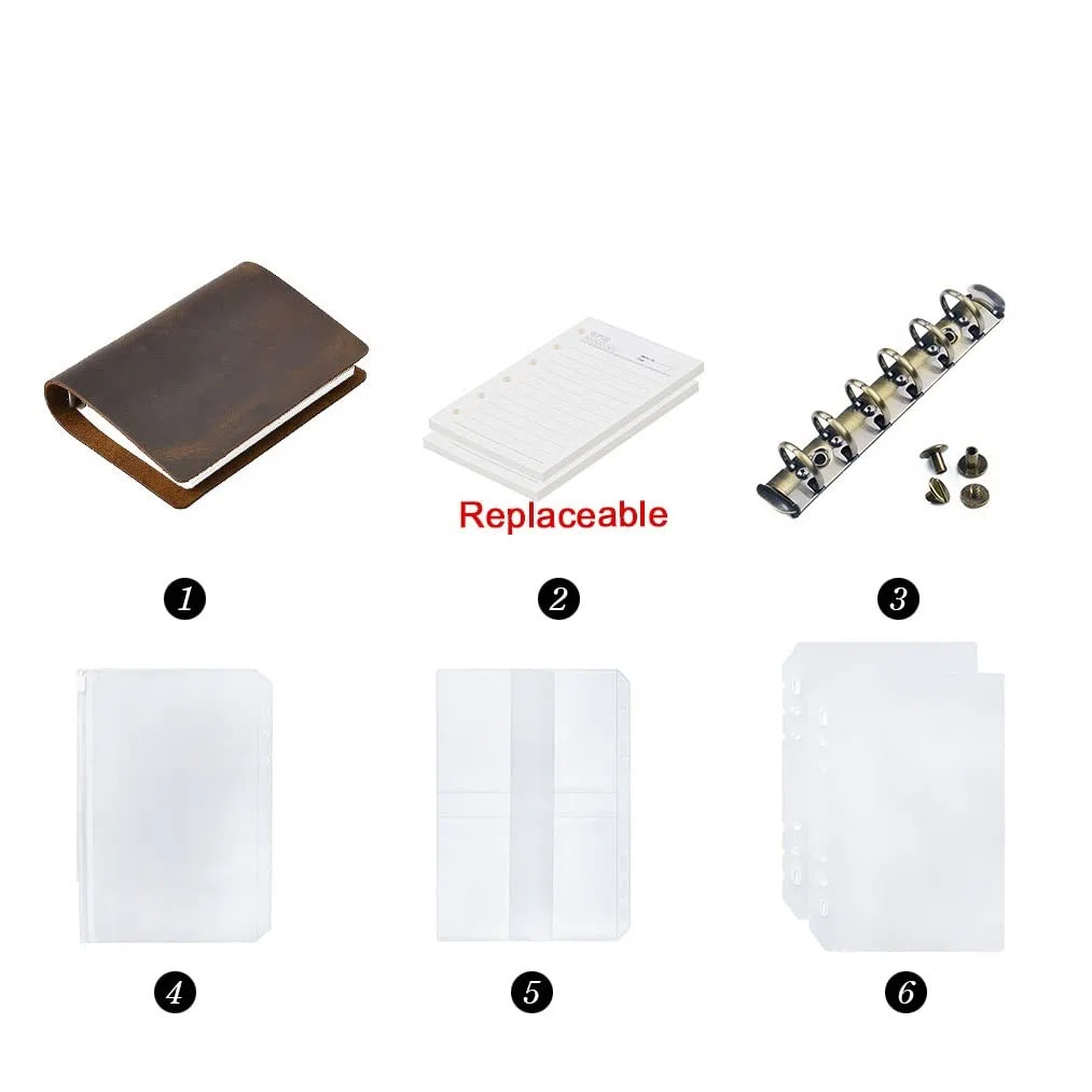 BmxauZ Cuaderno con anillas de cuero clásico A5, cubierta de cuero genuino, diario, cuaderno de bocetos, papelería