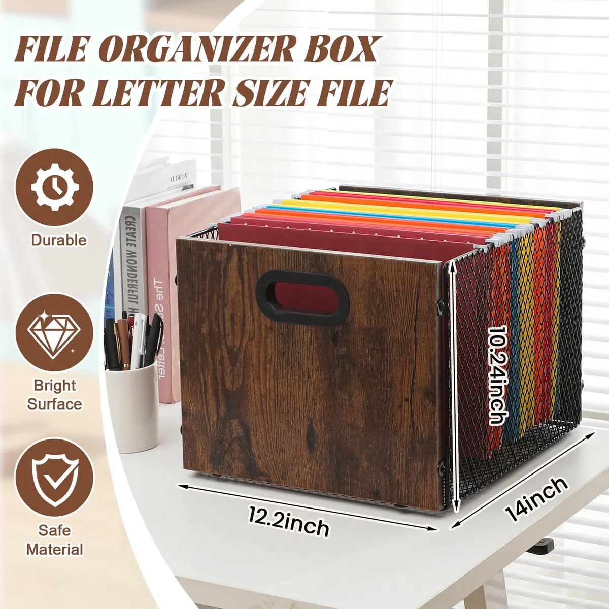 Yalikop Organizador de archivos colgante, caja de almacenamiento para carpetas colgantes, gabinete de madera con asa para escritorio de oficina en casa, tamaño carta