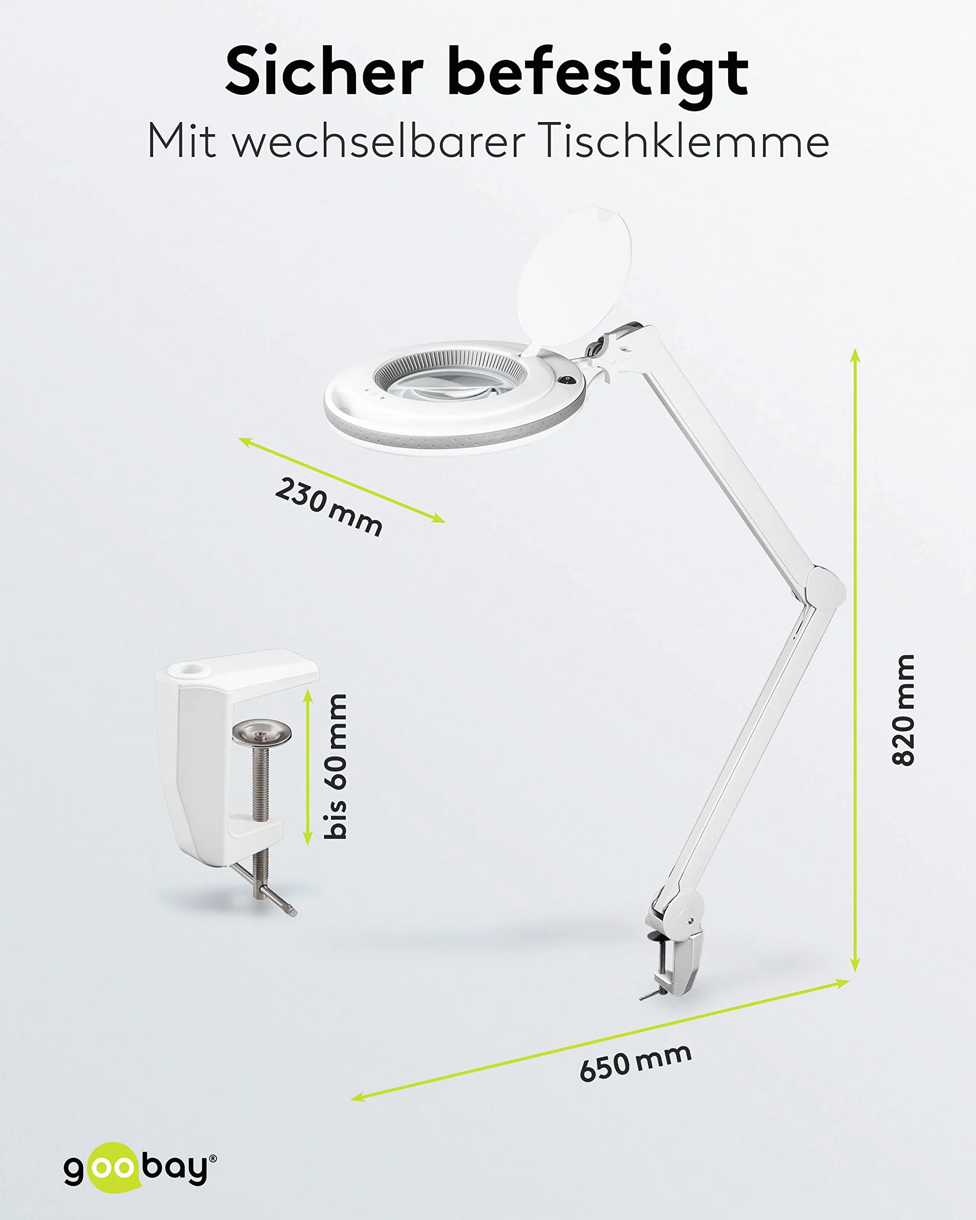 goobay 60362 Lámpara lupa LED con pinza / 9 W de consumo/lente de cristal de 127 mm/temperatura de color 6400 K / 1,75 aumentos/flujo luminoso 83-730 lumen/blanco
