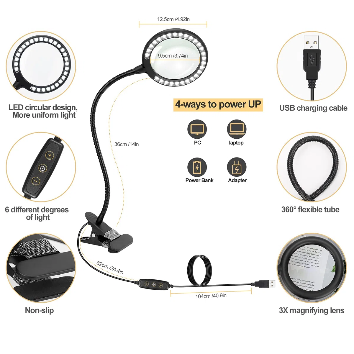 Lupa con luz led con 3 niveles de intensidad regulable, 6 posiciones de luz ajustables para la lectura, la tercera edad, los pasatiempos, las manualidades
