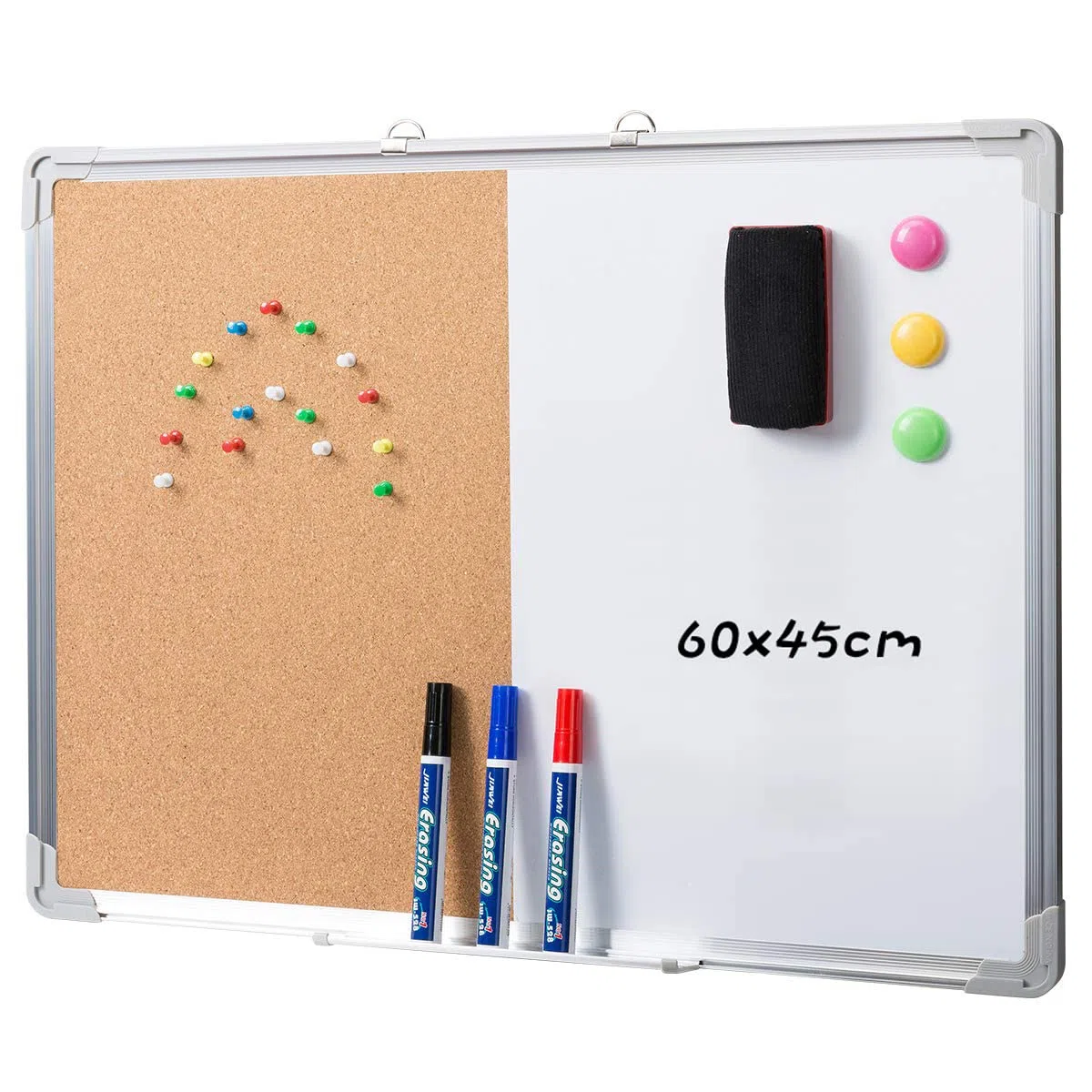 DOEWORKS Pizarra Mixta 60 x 45cm Pizarra Magnética Blanca & Tablón de Corcho, Pizarra Combinada Doble Cara, Tablero de Anuncios para Hogar Oficina Escuela