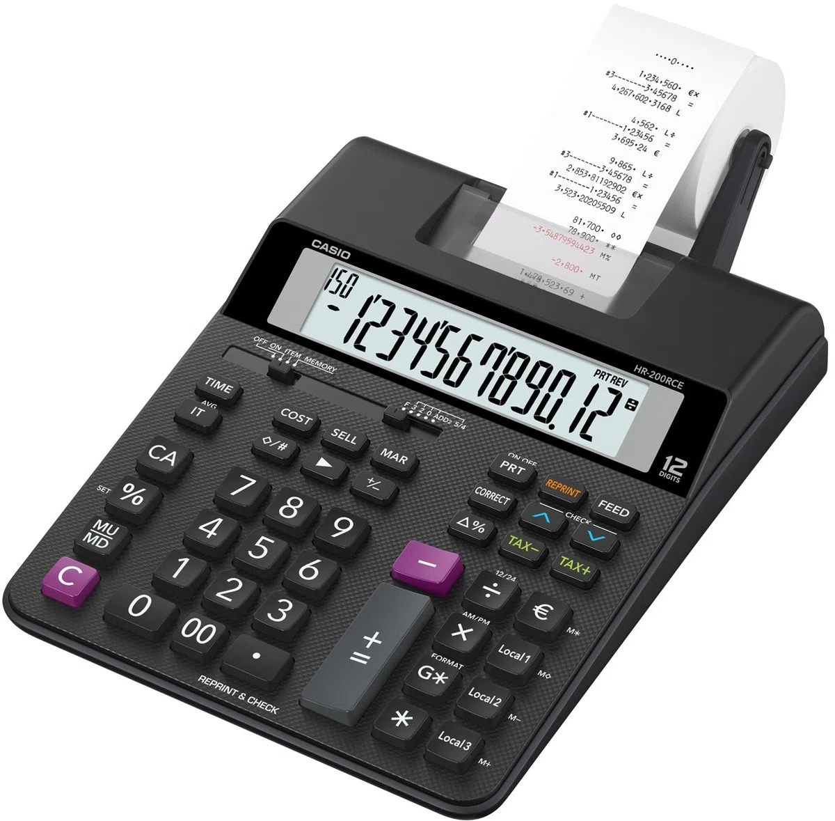 Casio HR-200RCE Calculadora de impresión Pantalla LCD de 12 dígitos, negra
